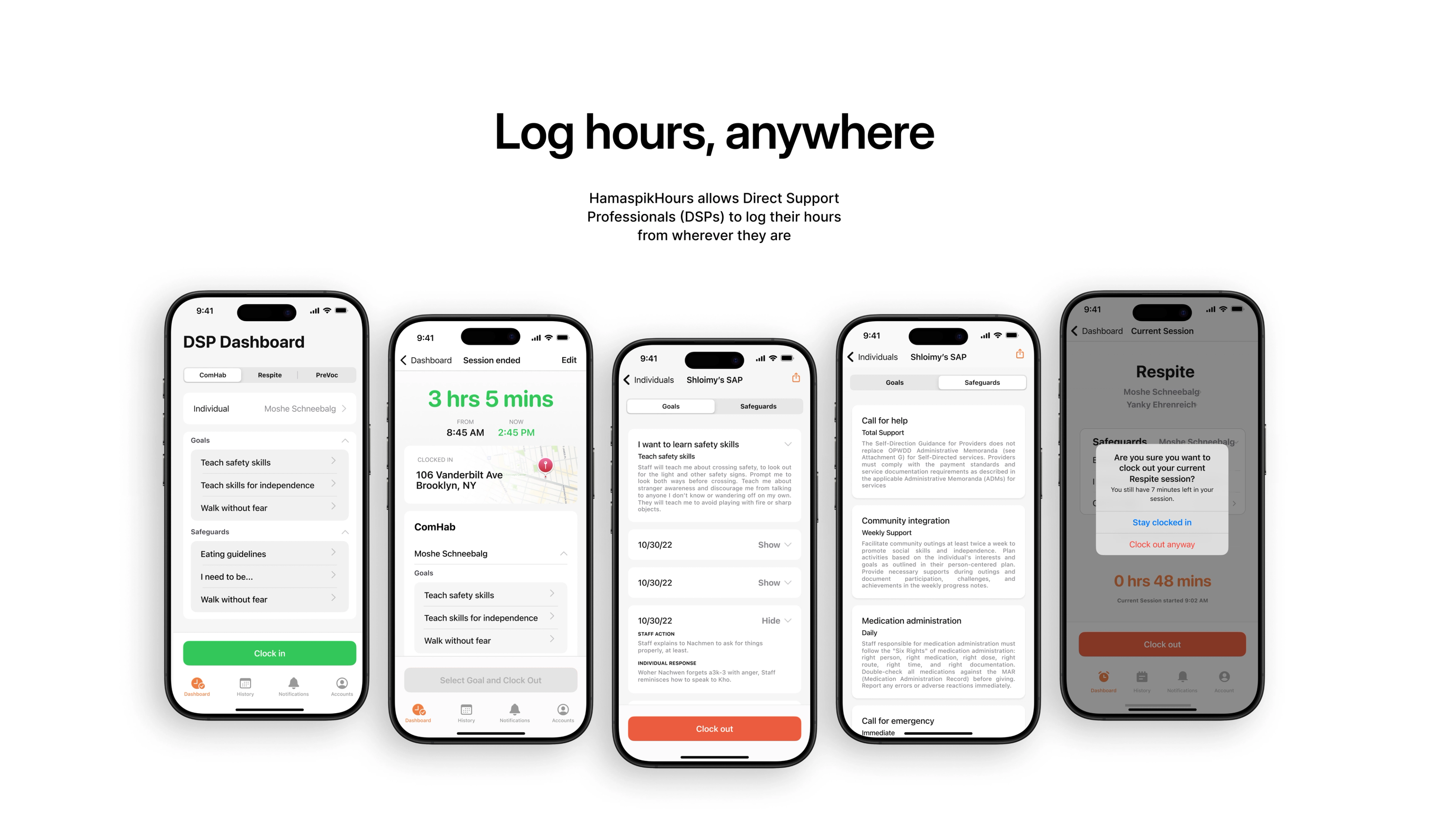 HamaspikHours: Mobile screens for logging healthcare work hours.