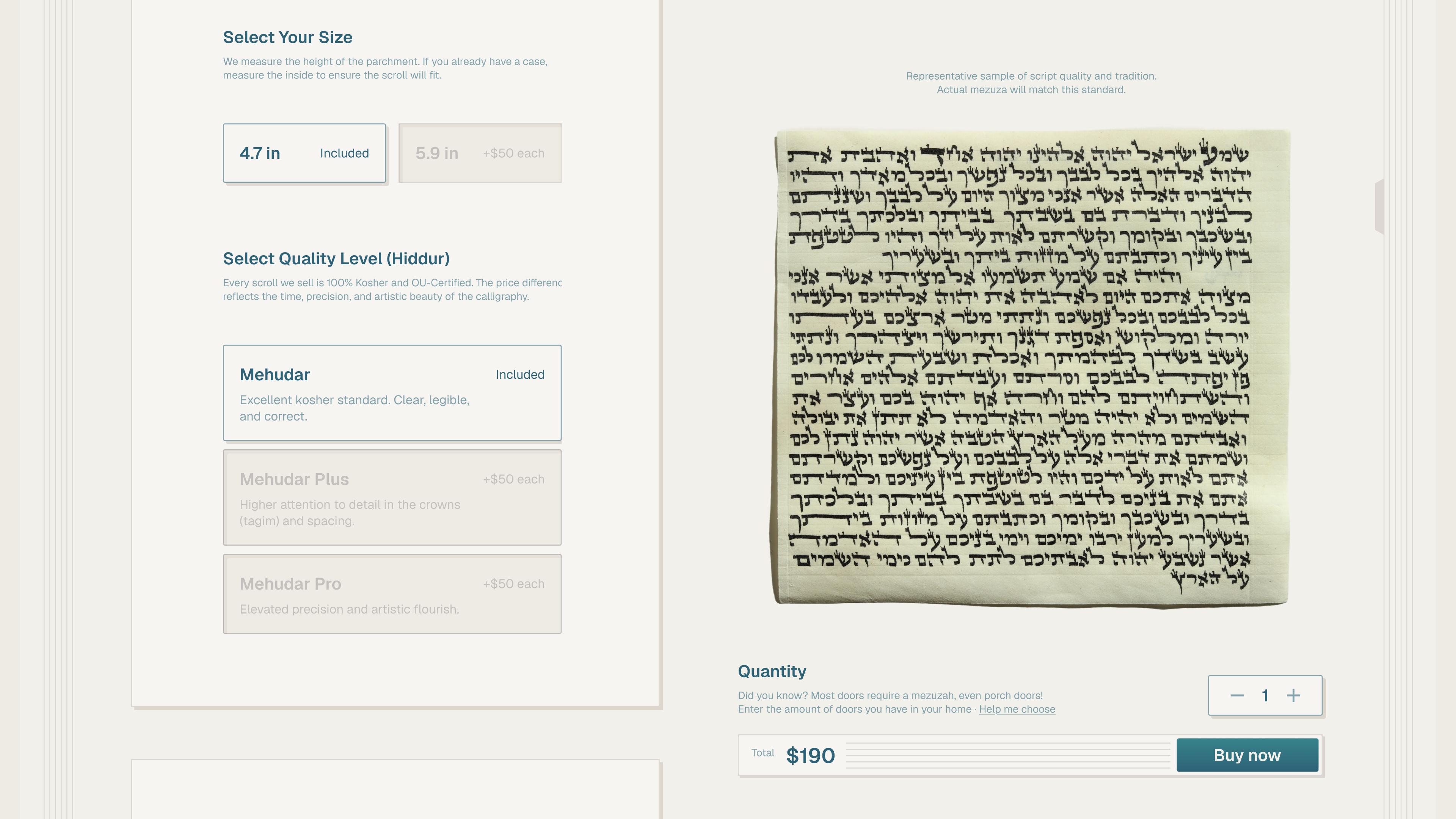 Kosher Mezuzah: Product page with purchase options and a parchment preview.