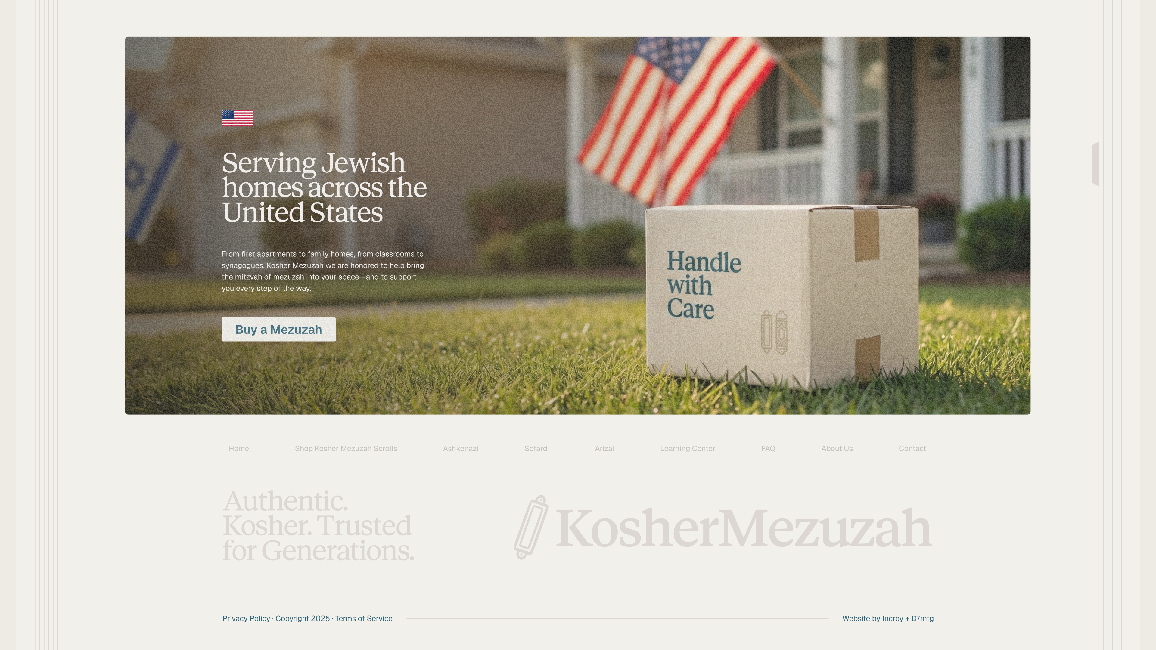 Kosher Mezuzah: Shipping section with a package and American flag.