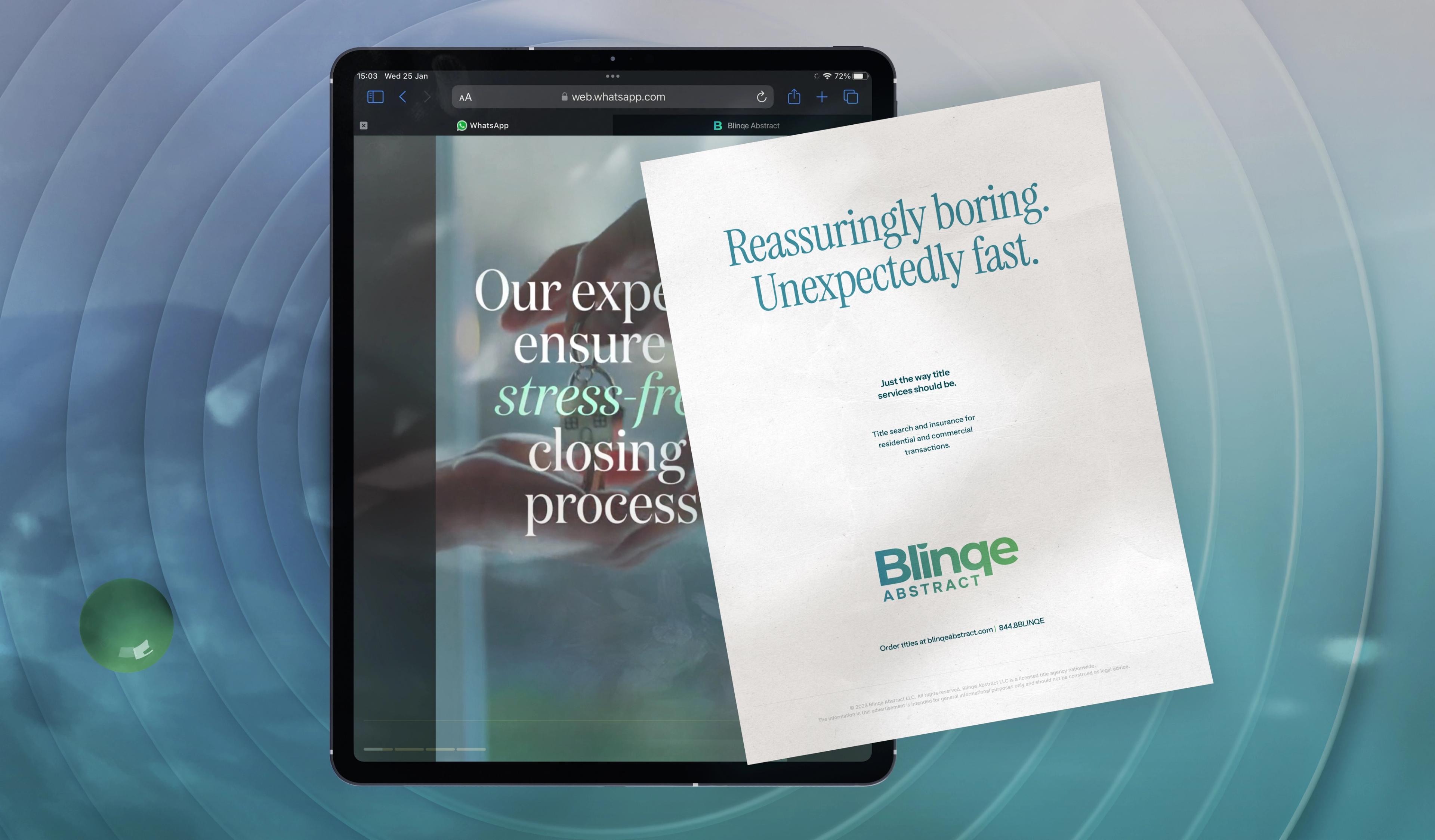 Blinqe Abstract: Tablet website view beside branded printed material.