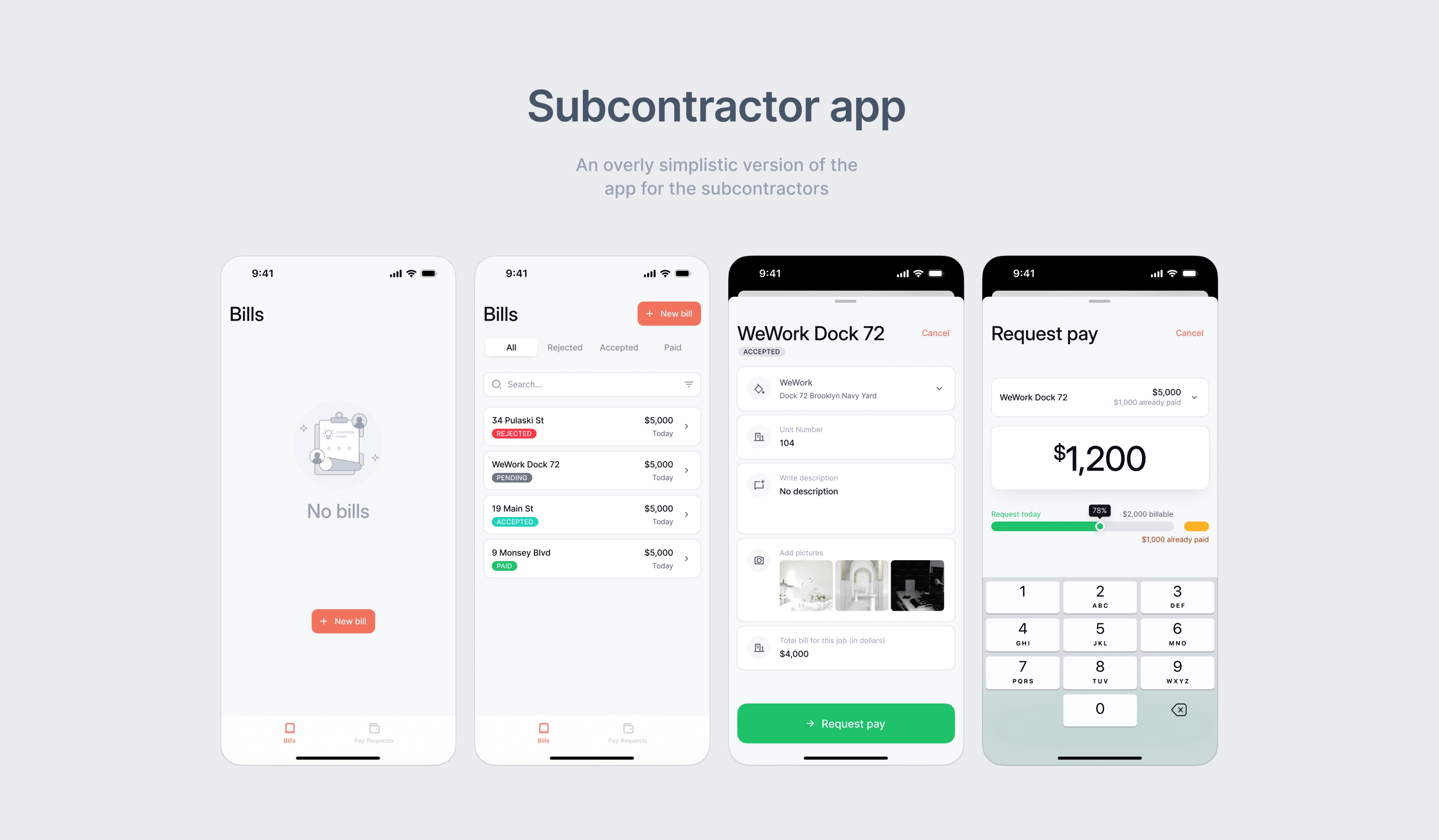 TzevaApp: Subcontractor mobile screens with job details and payment requests.