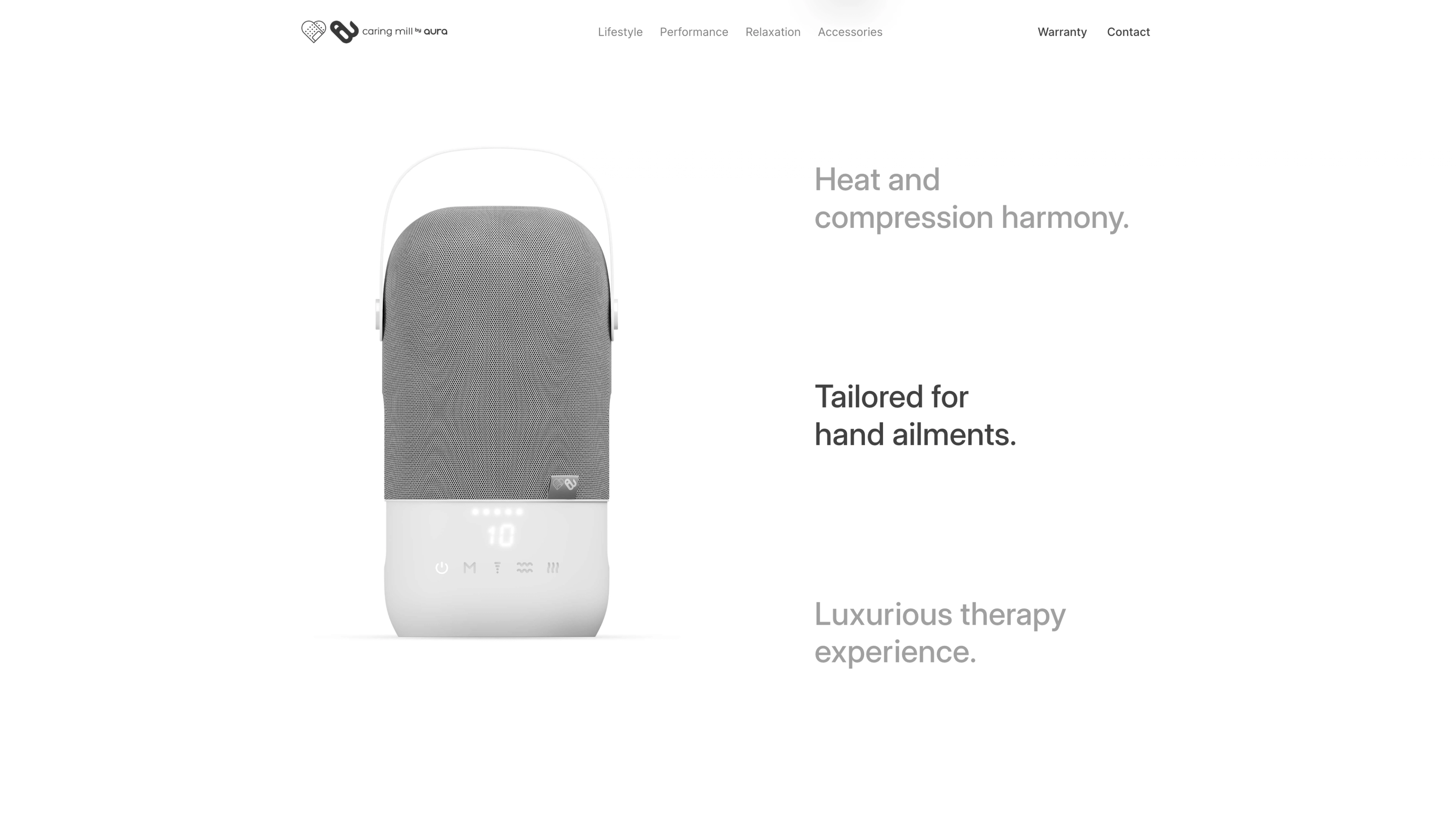 Camar: Wellness product page with a hand therapy device.