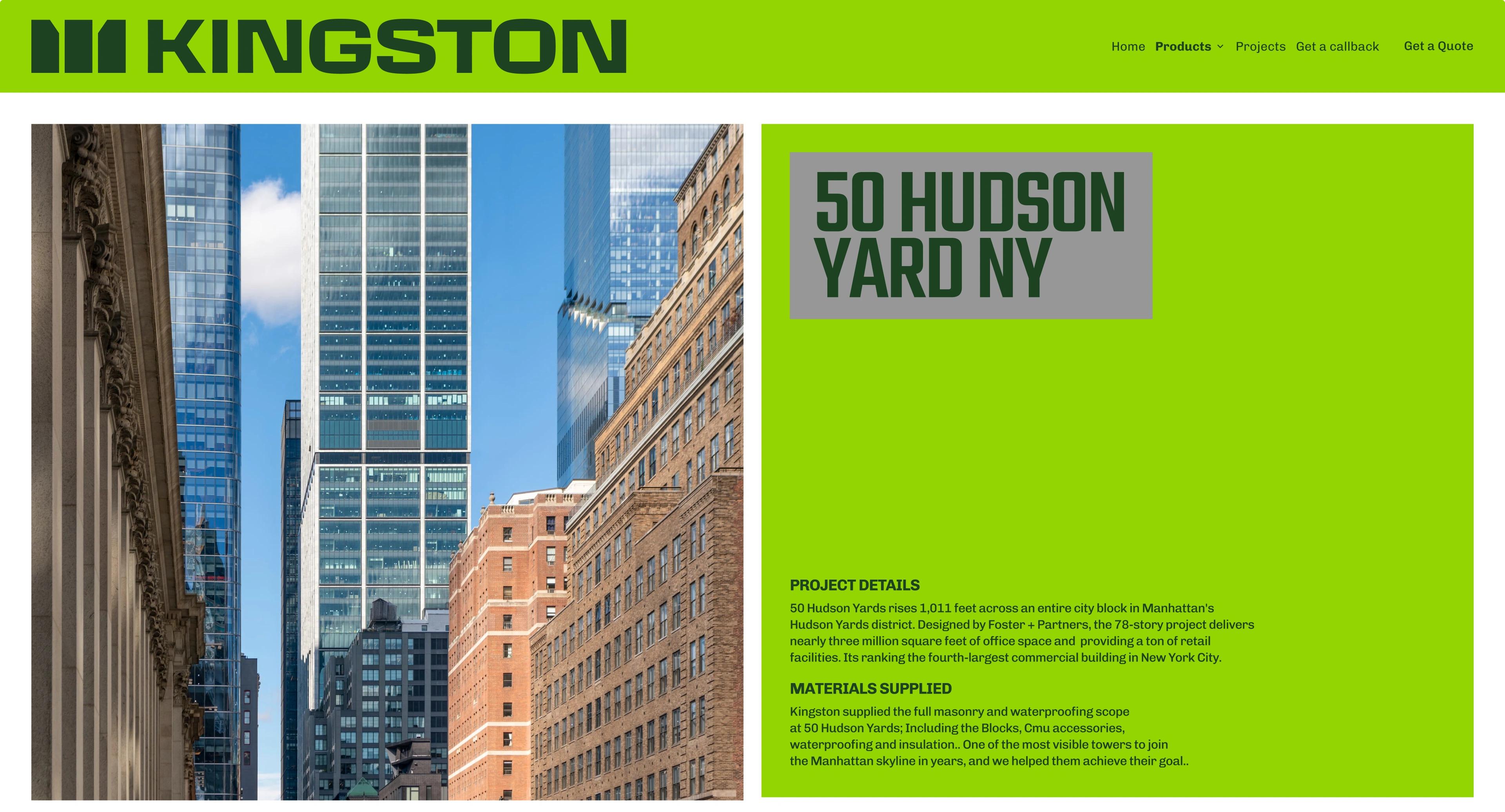 Kingston Block: 50 Hudson Yard project detail page with a building photograph.