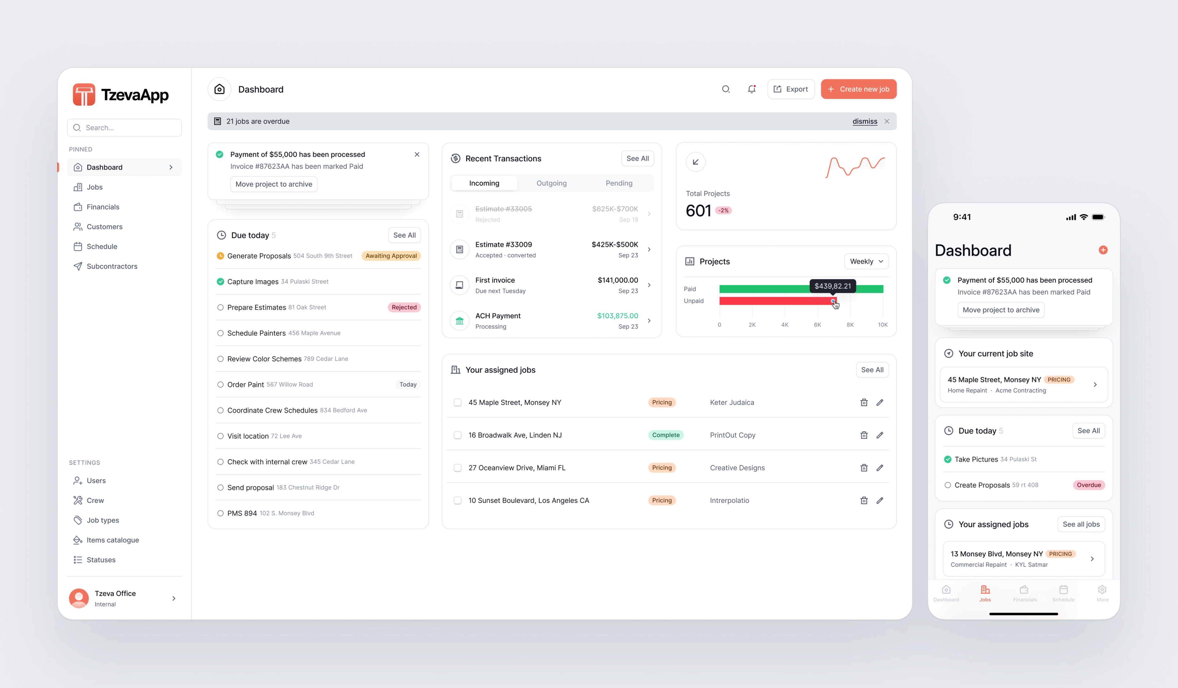 TzevaApp: CRM dashboard with project lists and progress indicators.