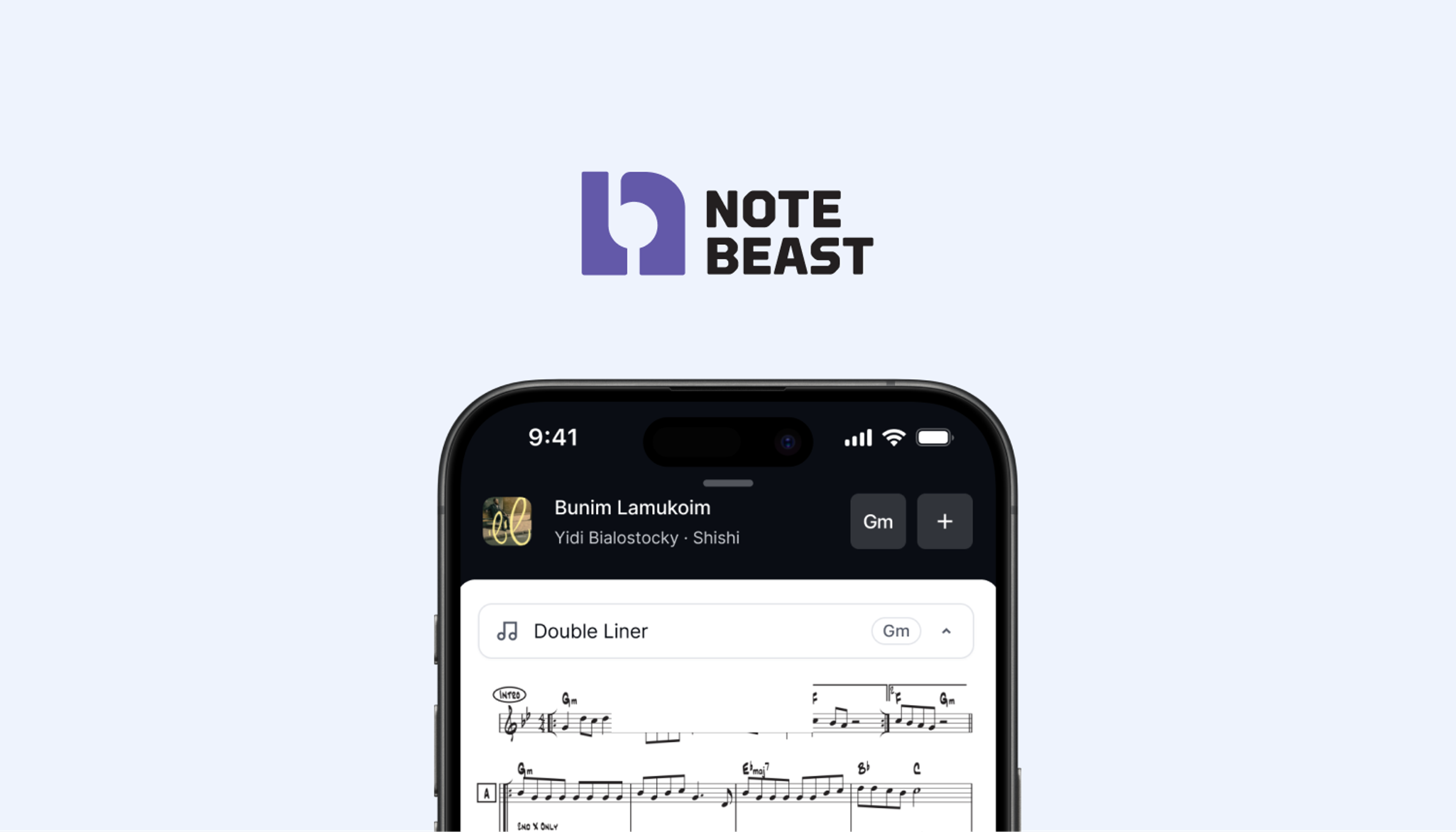 NoteBeast: Purple logo above an iPhone displaying sheet music. Design by D7mtg.