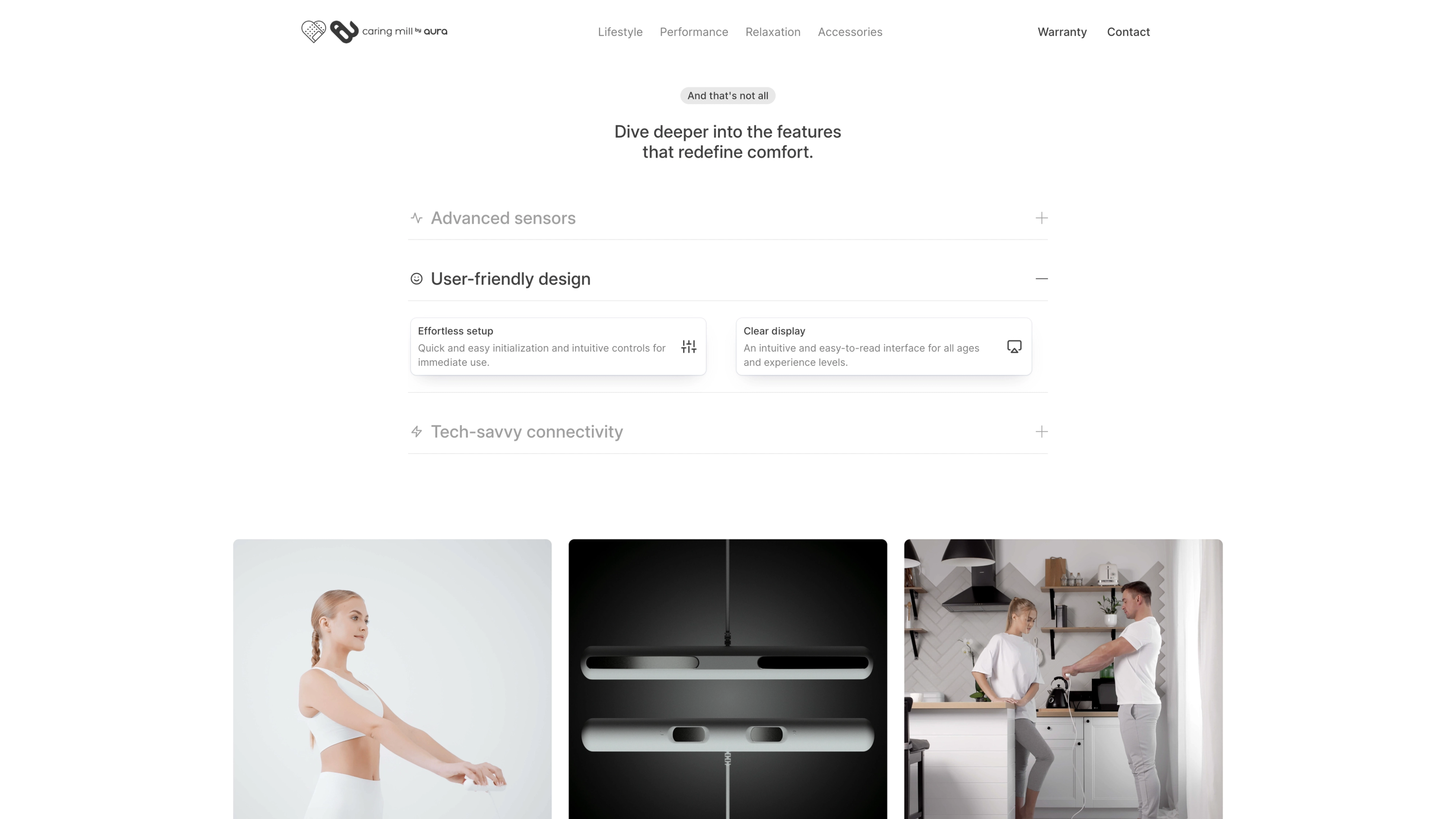 Camar: Website feature section with product and lifestyle photographs.