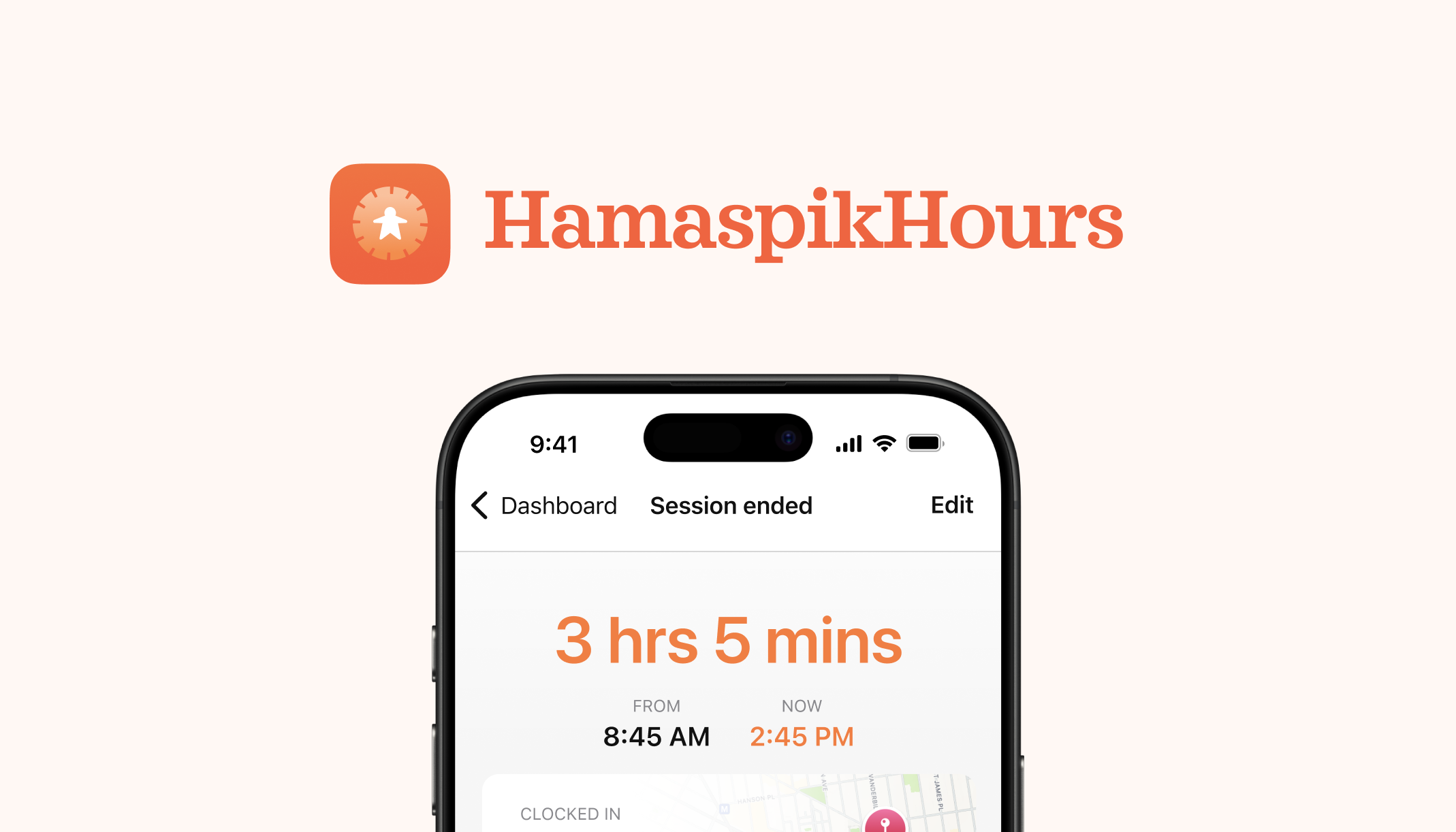 HamaspikHours: Orange logo above a mobile time tracking dashboard. Design by D7mtg.