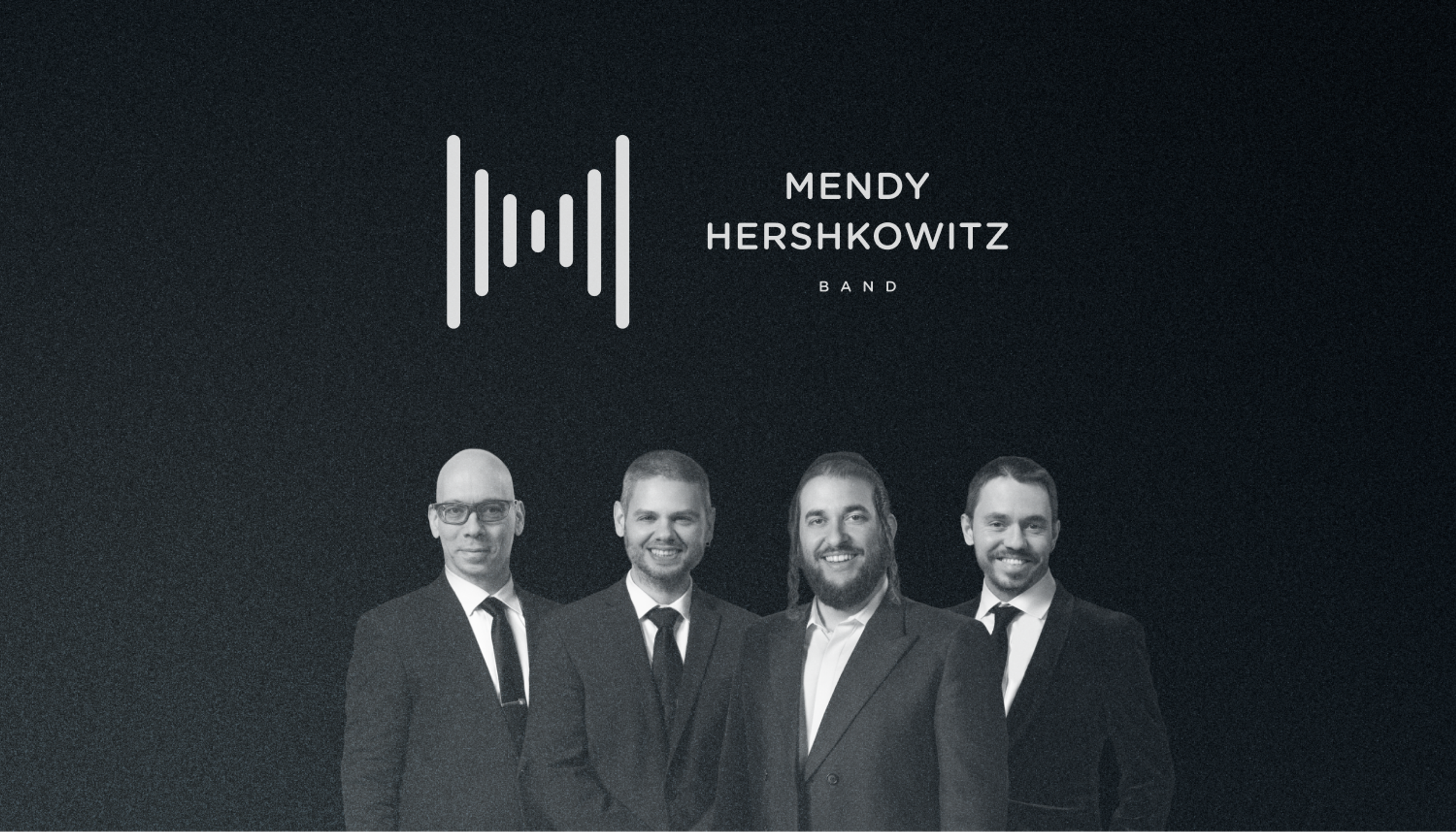 Mendy Hershkowitz Band: Band logo and four monochrome musician portraits. Design by D7mtg.