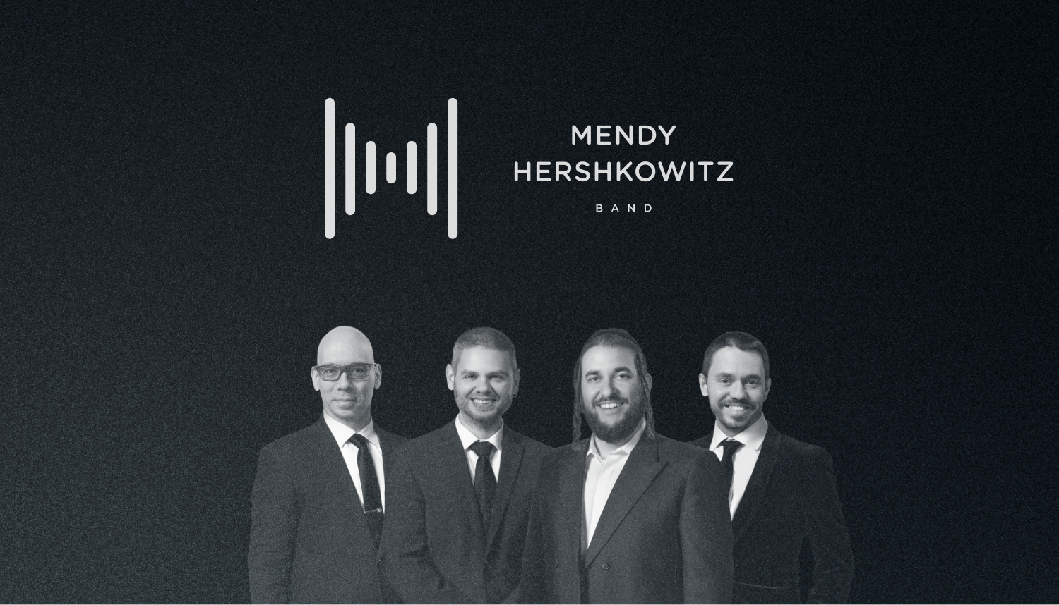 Mendy Hershkowitz Band: Band logo and four monochrome musician portraits. Design by D7mtg.