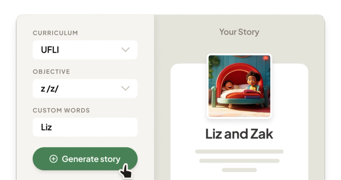 Artist’s rendering of the Project Read decodable story generator showing a story being generated for the UFLI curriculum with a student’s name ("Liz") included. To the right side, a placeholder of a story is shown with a 3D render style image of two children playing and laughing.