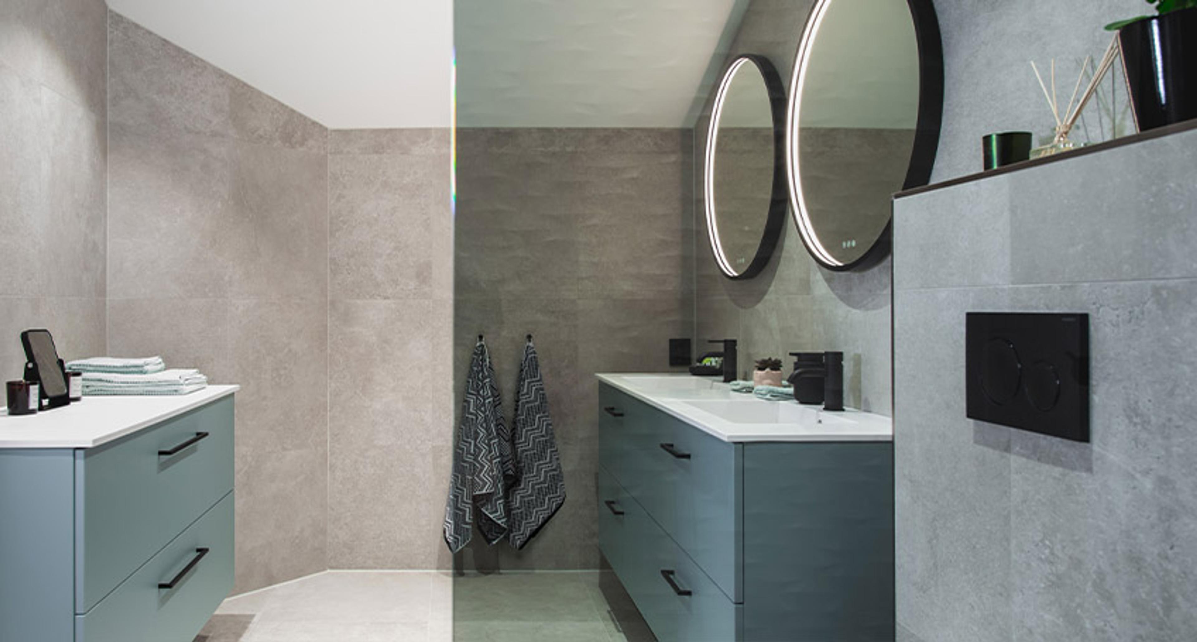 Drømmebadet med baderomsmøbler i grønt, sorte detaljer og 3D-fliser