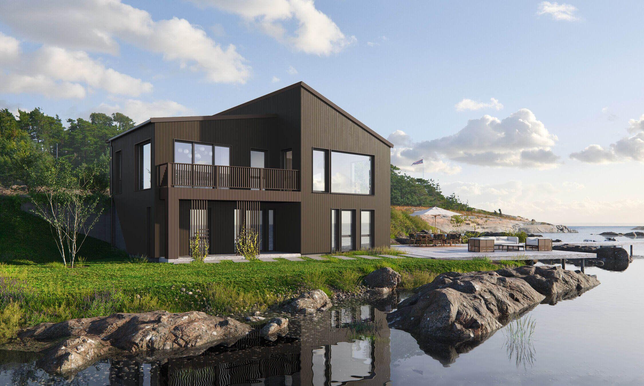 I eneboligen Askøy er sokkeletasjen delt i to, hvor den ene delen kan brukes som utleiedel.