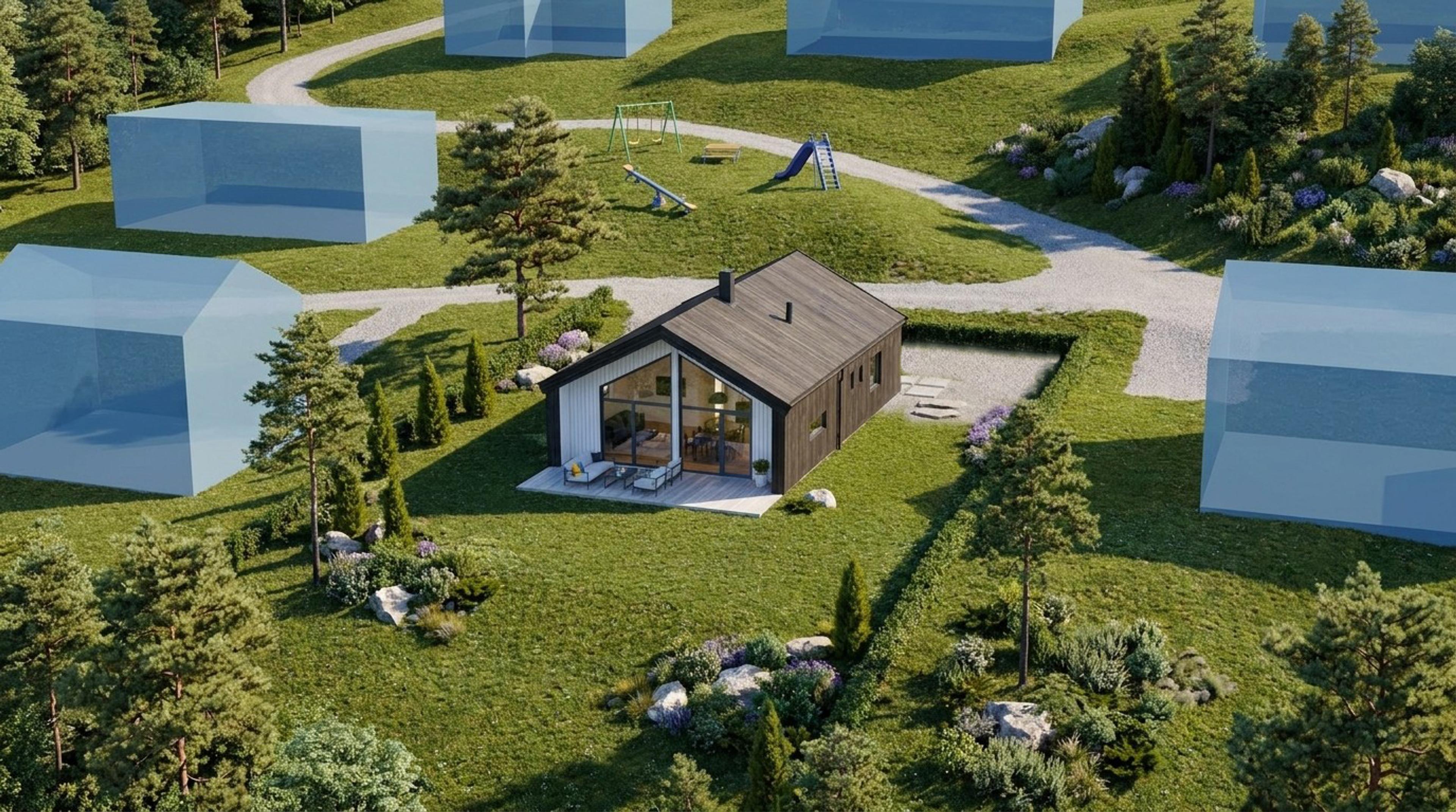 Bildet er AI-generert og kun en illustrasjon. Terreng, beplantning, uteområder og øvrige detaljer kan avvike fra endelig leveranse. Illustrasjonen er ikke kontraktsgrunnlag.
