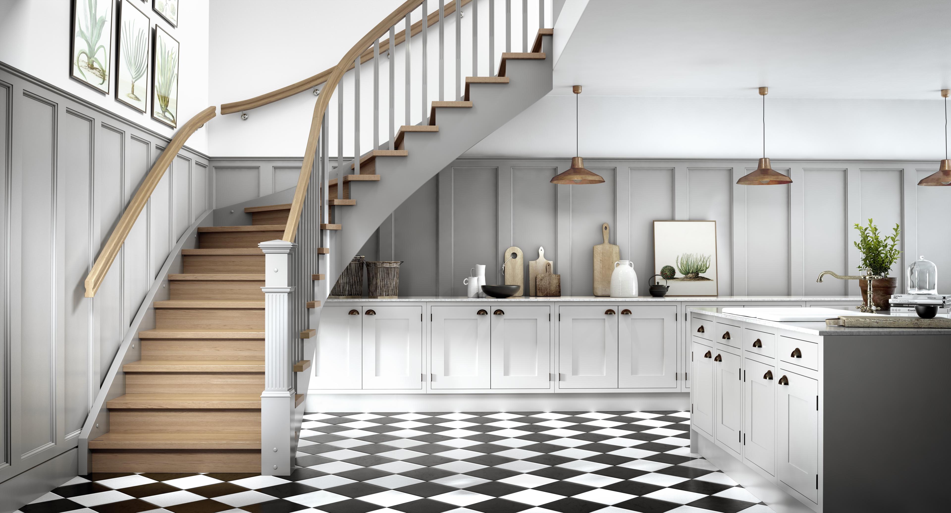 Escalia Ascot vist i lys grå med trinn og håndlist i eik