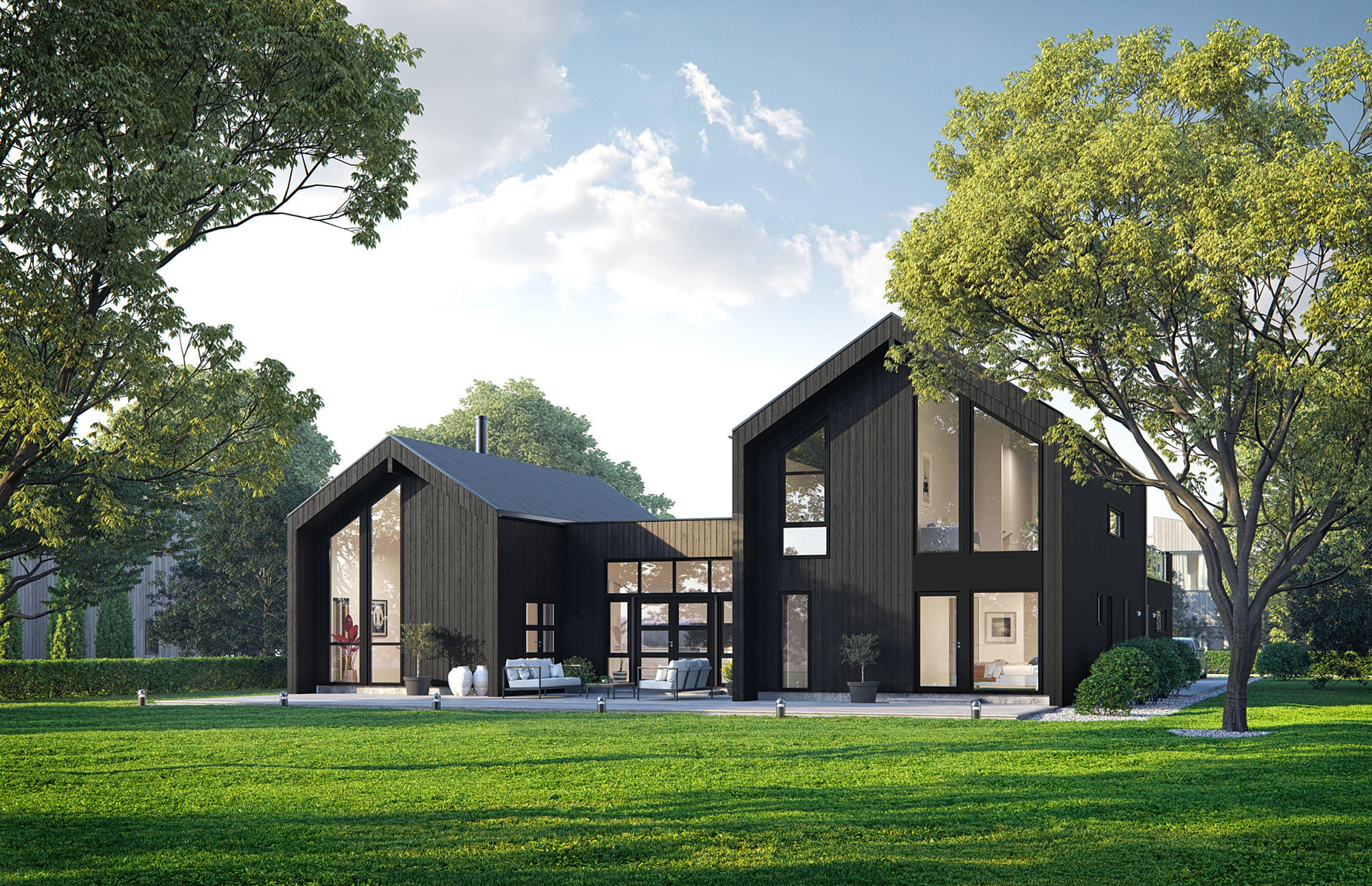 Illustrasjon av Kongsberg, et stort moderne atriumhus