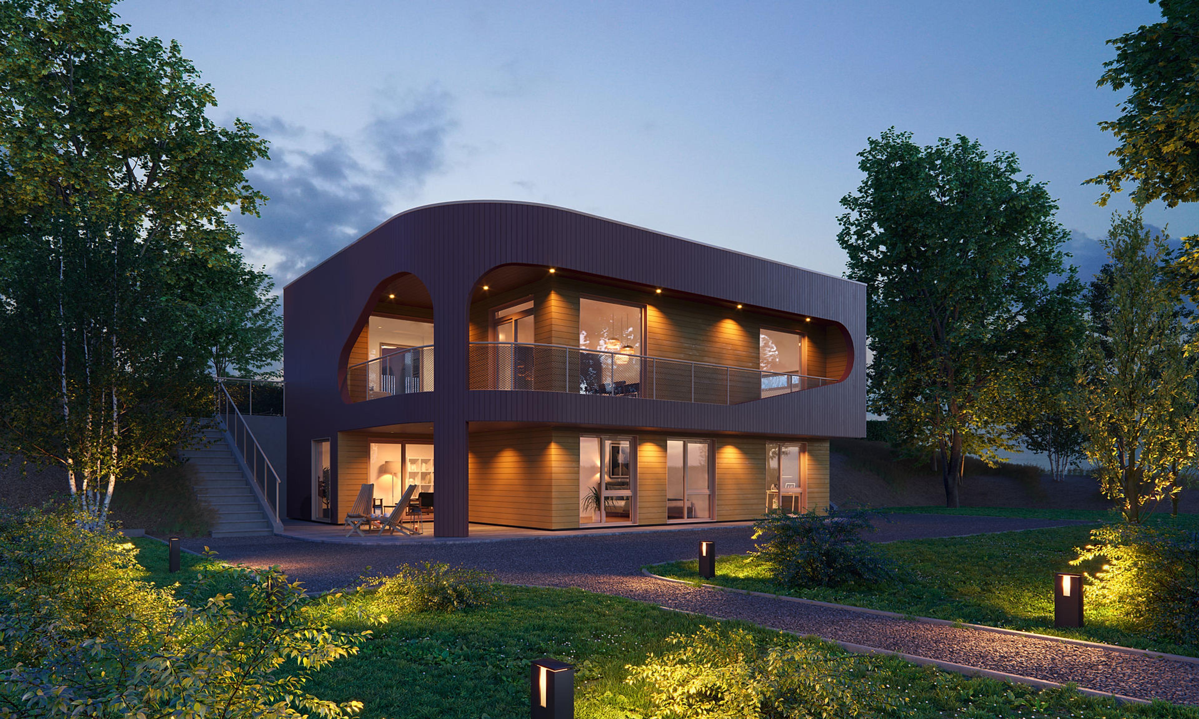 Illustrasjon av Svolvær, et moderne funkishus