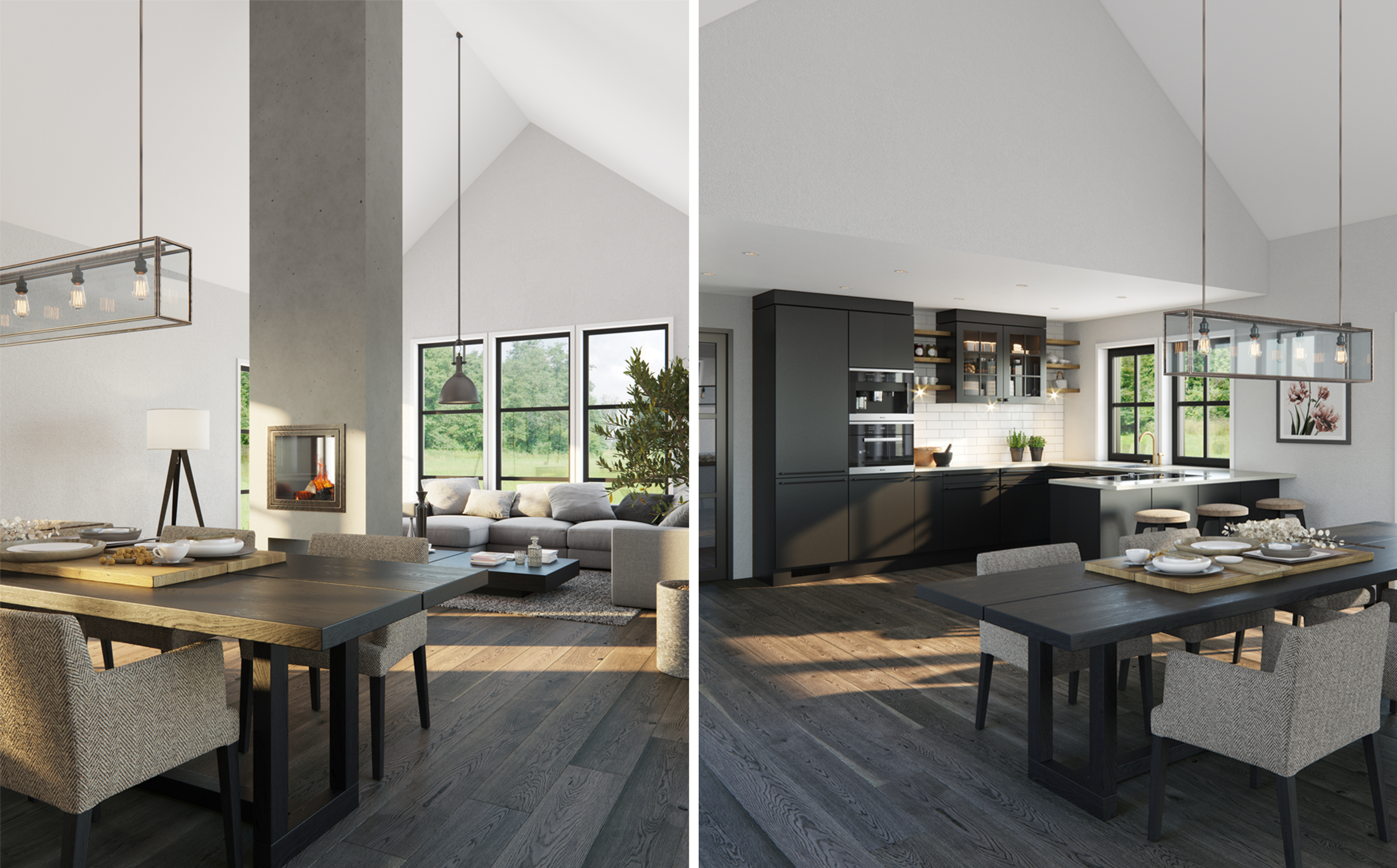 Romslig åpen planløsning med mørkt kjøkken, trebord og høyt tak med peis.