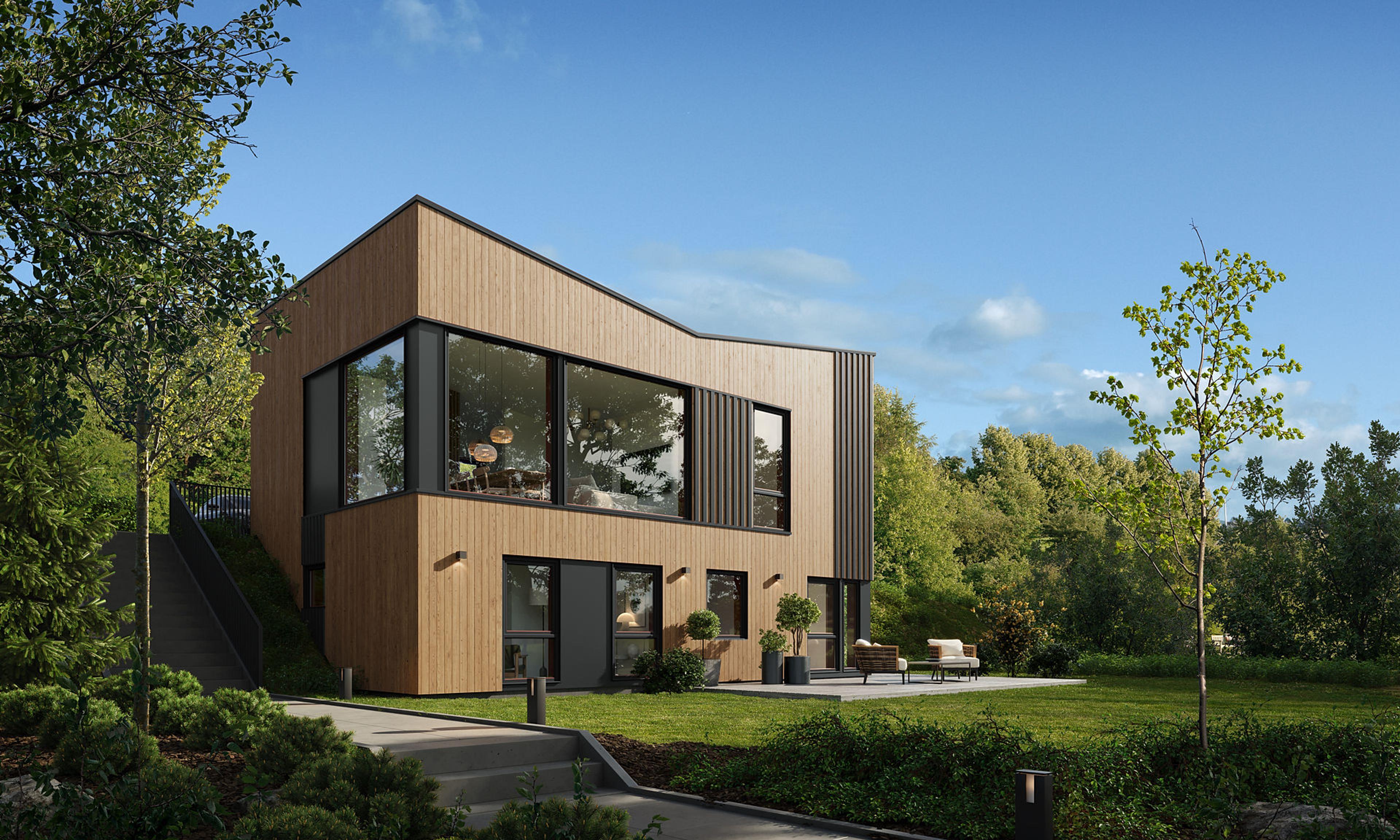 Moderne hus for skrå tomt, med naturfarget beis og sorte detaljer