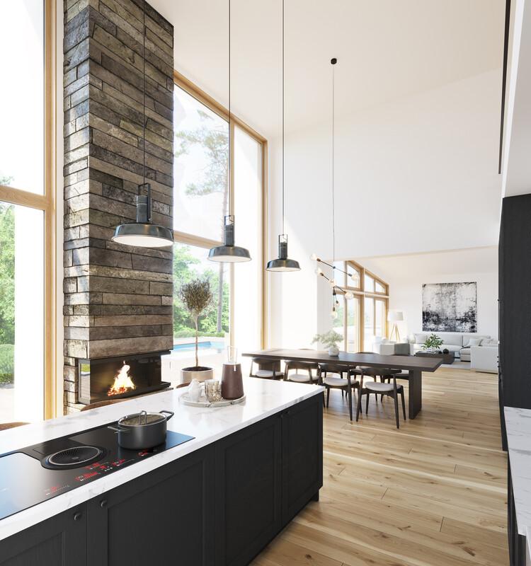 Eneboligen Tromsø, tegnet av Jannicke Henriksen. Kjøkken, spisestue og stue på rekke og rad. En tydelig og praktisk soneinndelig med rikelig lys