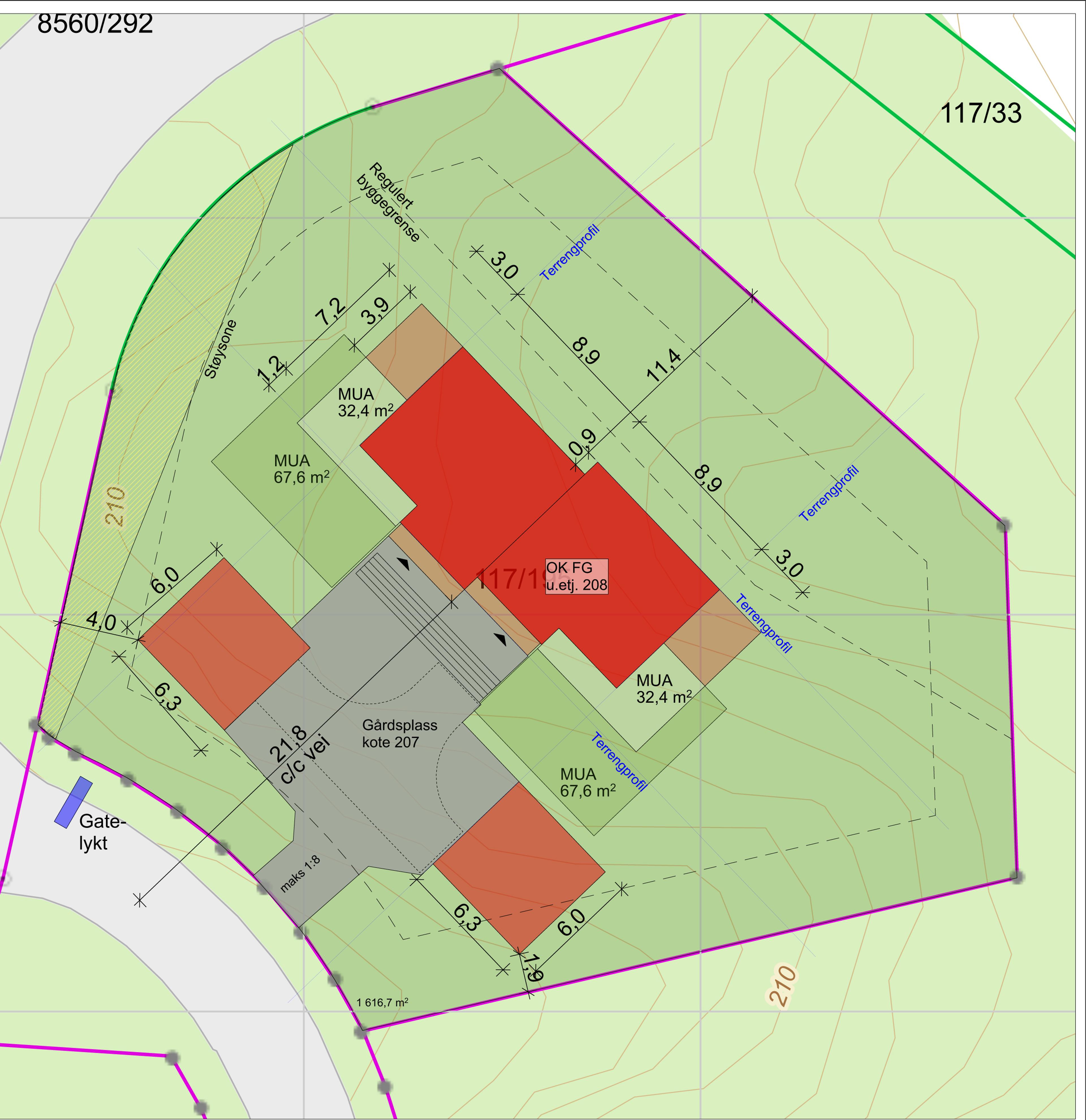 Kart. Tomten leveres med gruset gårdsplass ihht situasjonsplan herunder inkludert biloppstillingsplass. NB: Garasje leveres ikke.