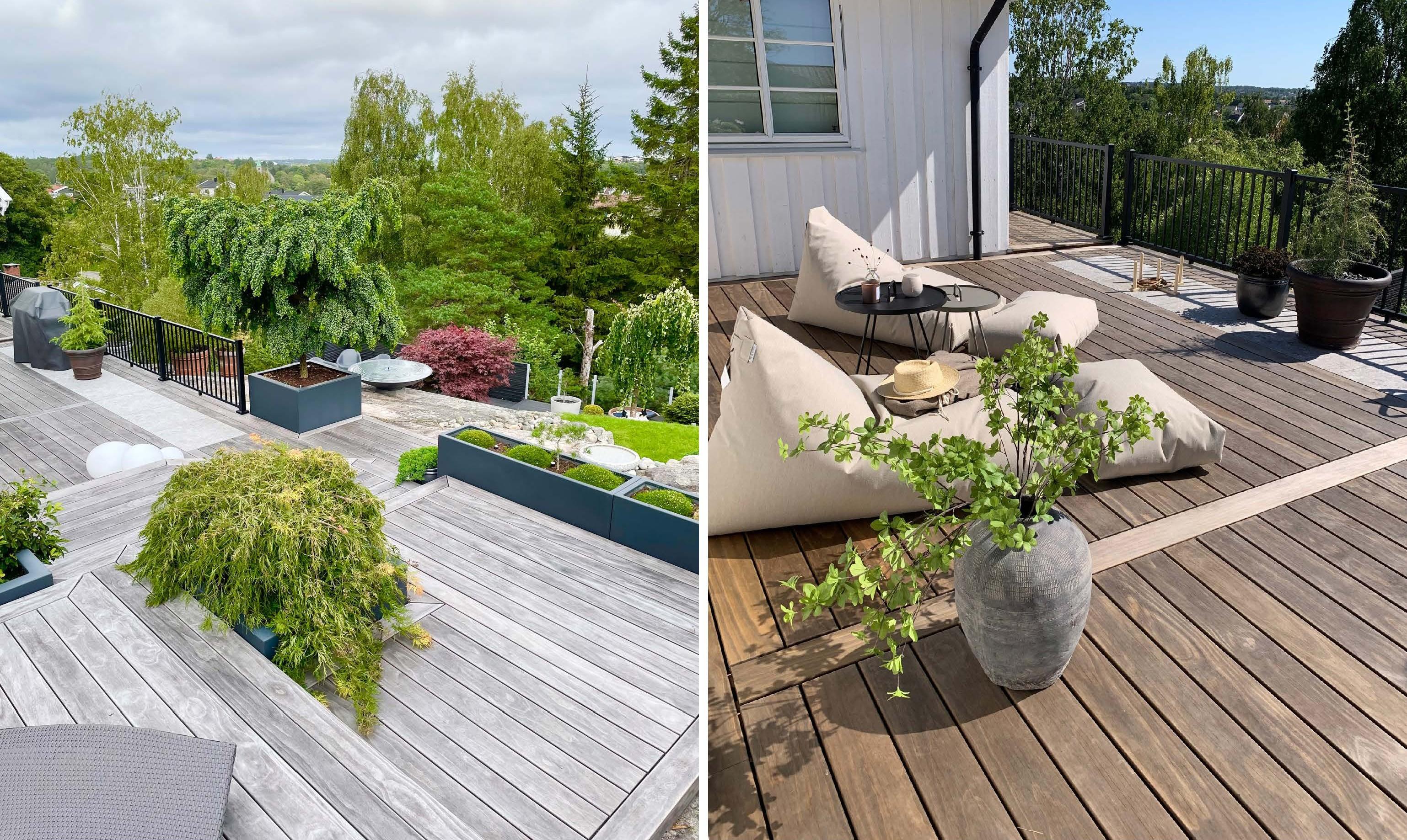 Bildet som viser en nylagt og en grånet terrasse i Kebony