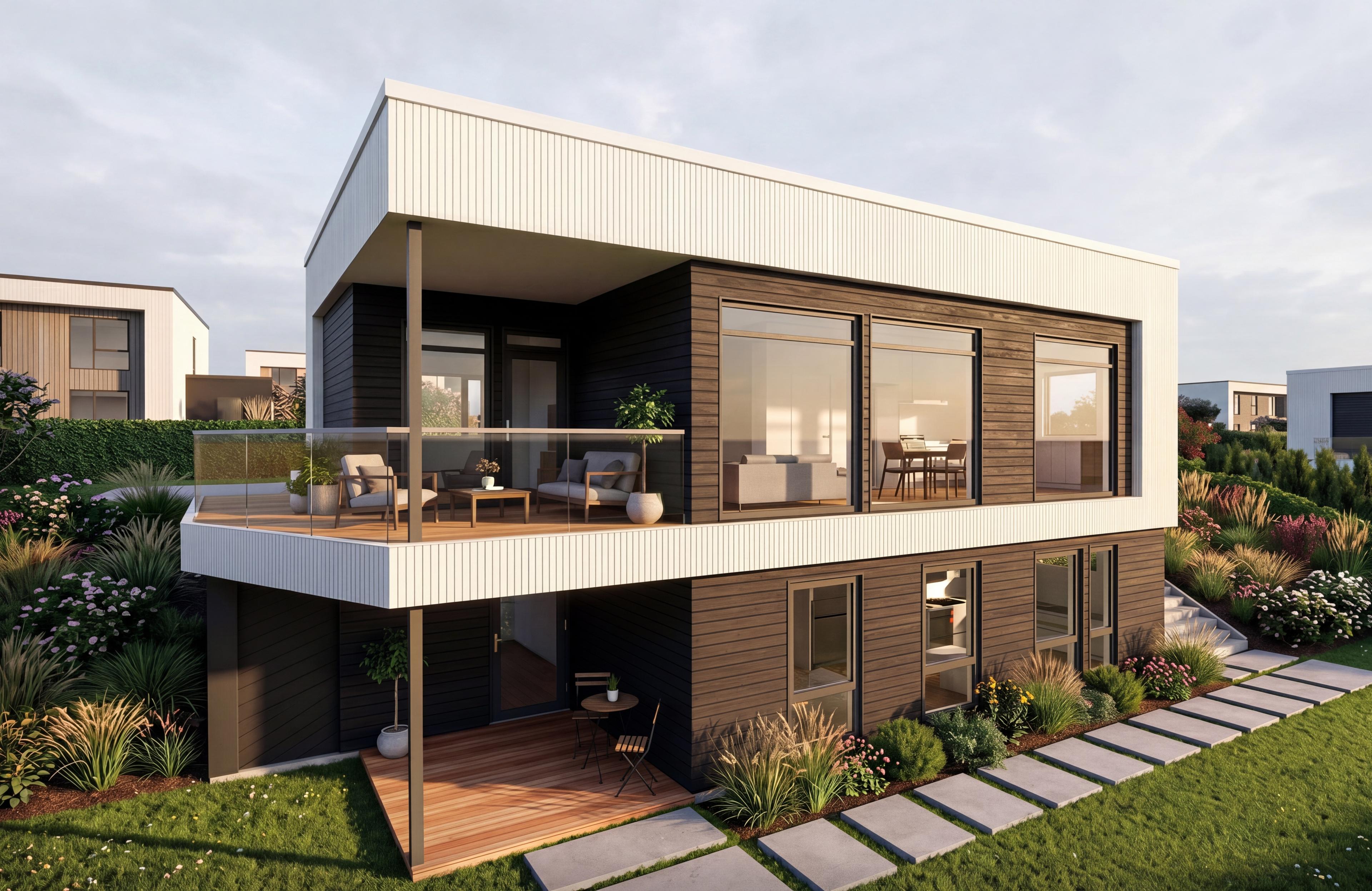 Moderne funkisbolig med glassrekkverk og flott hage