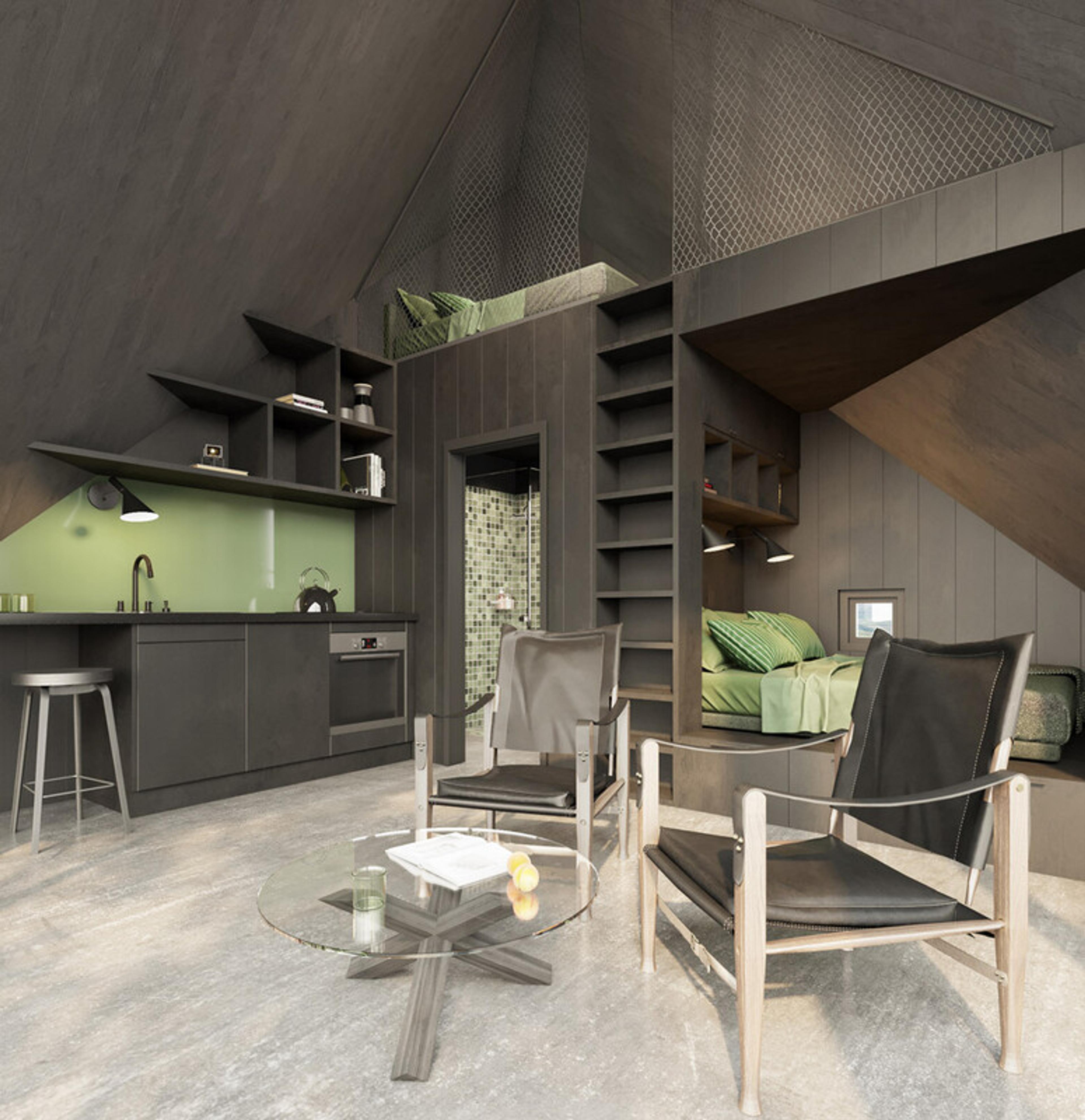 Plassbygde møbler er en favoritt i Camilla L. Thorsen sin arkitektur, som her i hyttekonseptet Senja som er utarbeidet  i samarbeid med klokkedesigner Rune Bruvik.