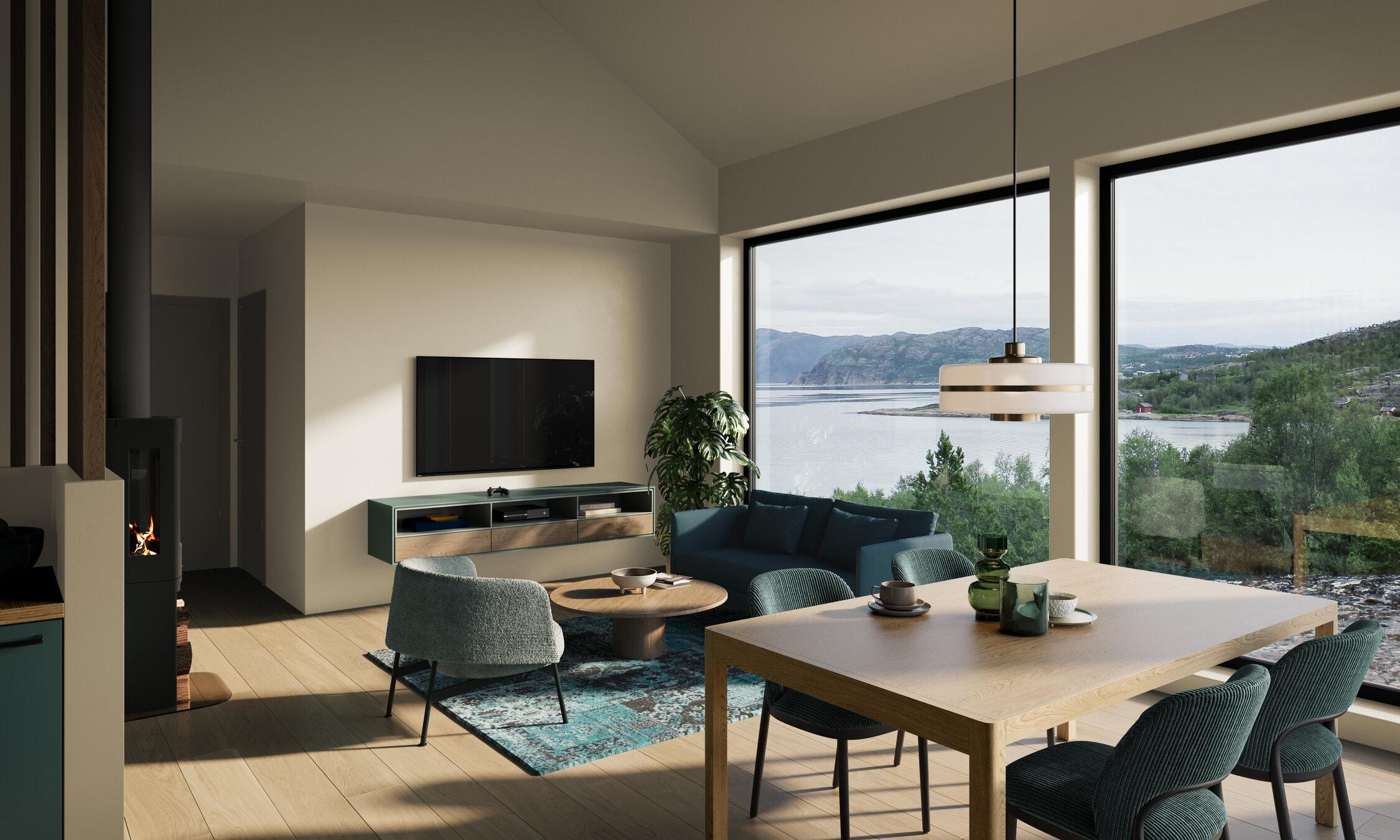 En stue med sofa og spisebord med to vinduer med utsikt