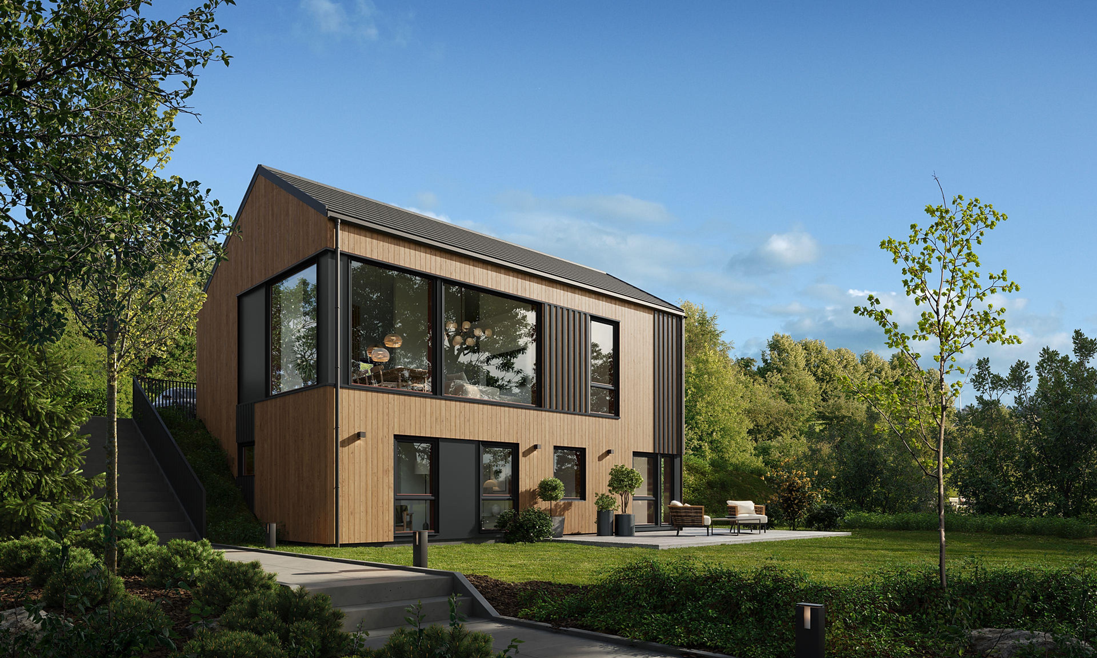 Moderne bolig med saltak og naturlig beiset farge og sorte detaljer