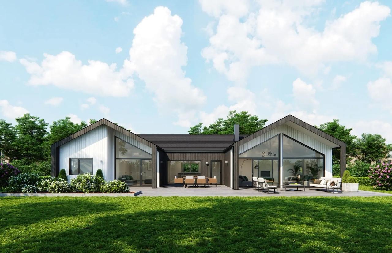 Sandefjord – hus på ett plan med integrert garasje. Huset har et stilrent design, god takhøyde og praktisk planløsning.