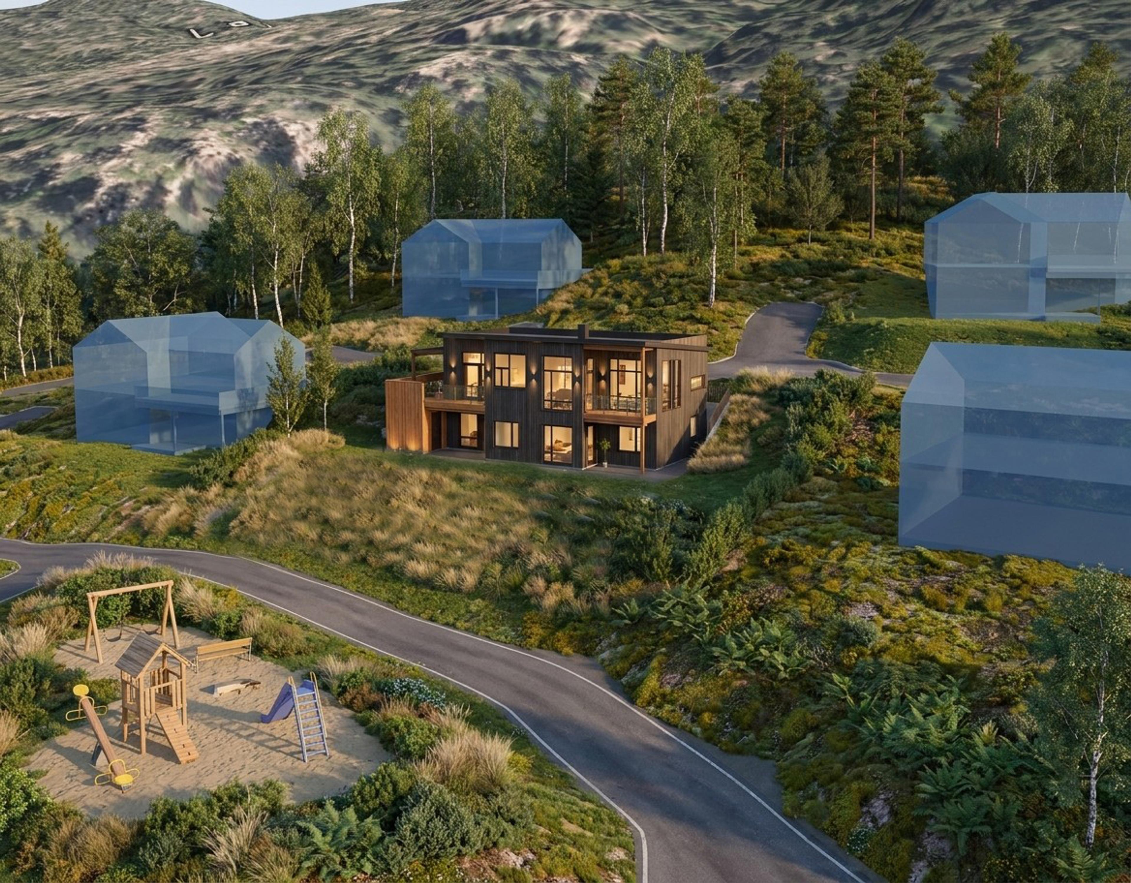 Bildet er AI-generert og kun en illustrasjon. Terreng, beplantning, uteområder og øvrige detaljer kan avvike fra endelig leveranse. Illustrasjonen er ikke kontraktsgrunnlag.