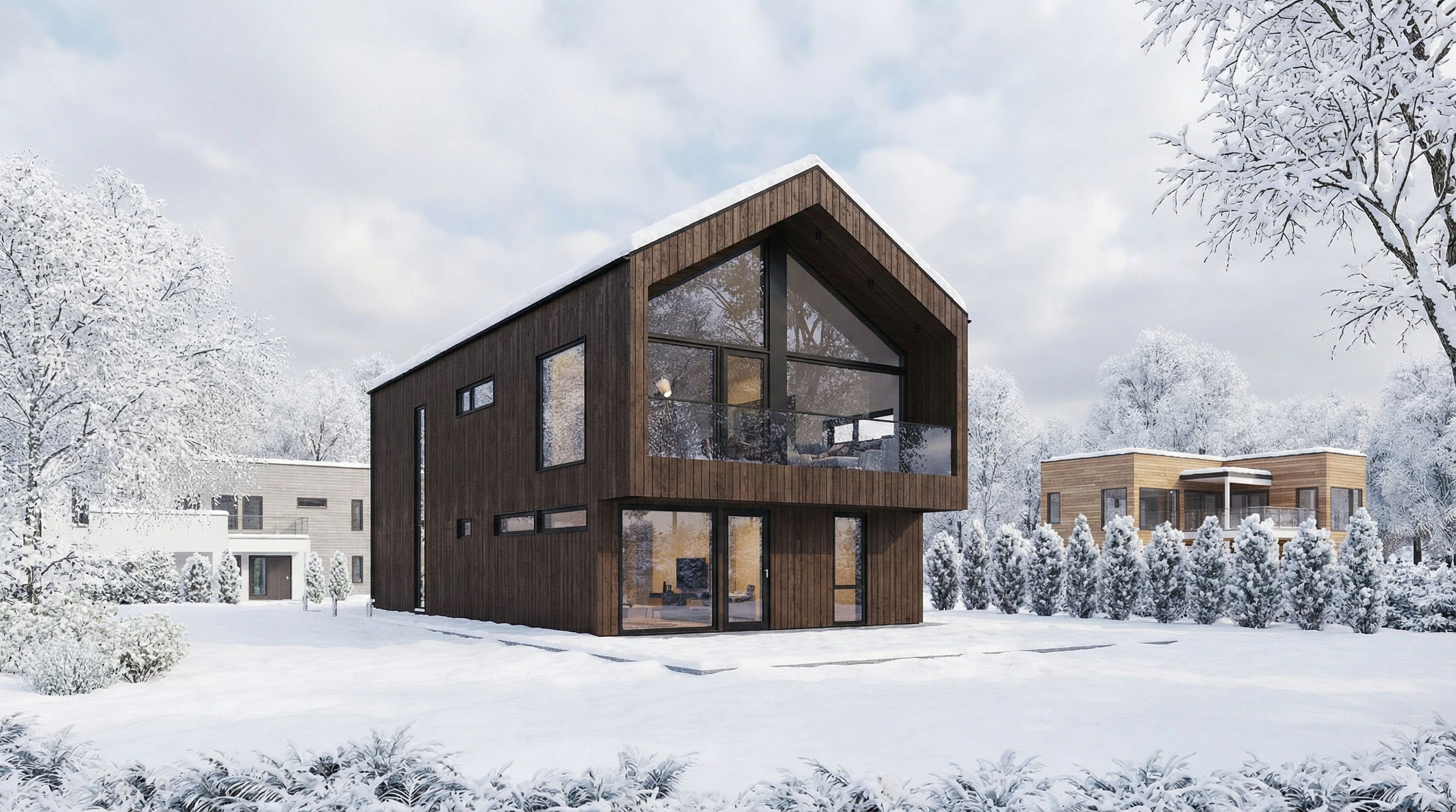Tønsberg i vinterlandskap - et moderne hus med store vinduer i front