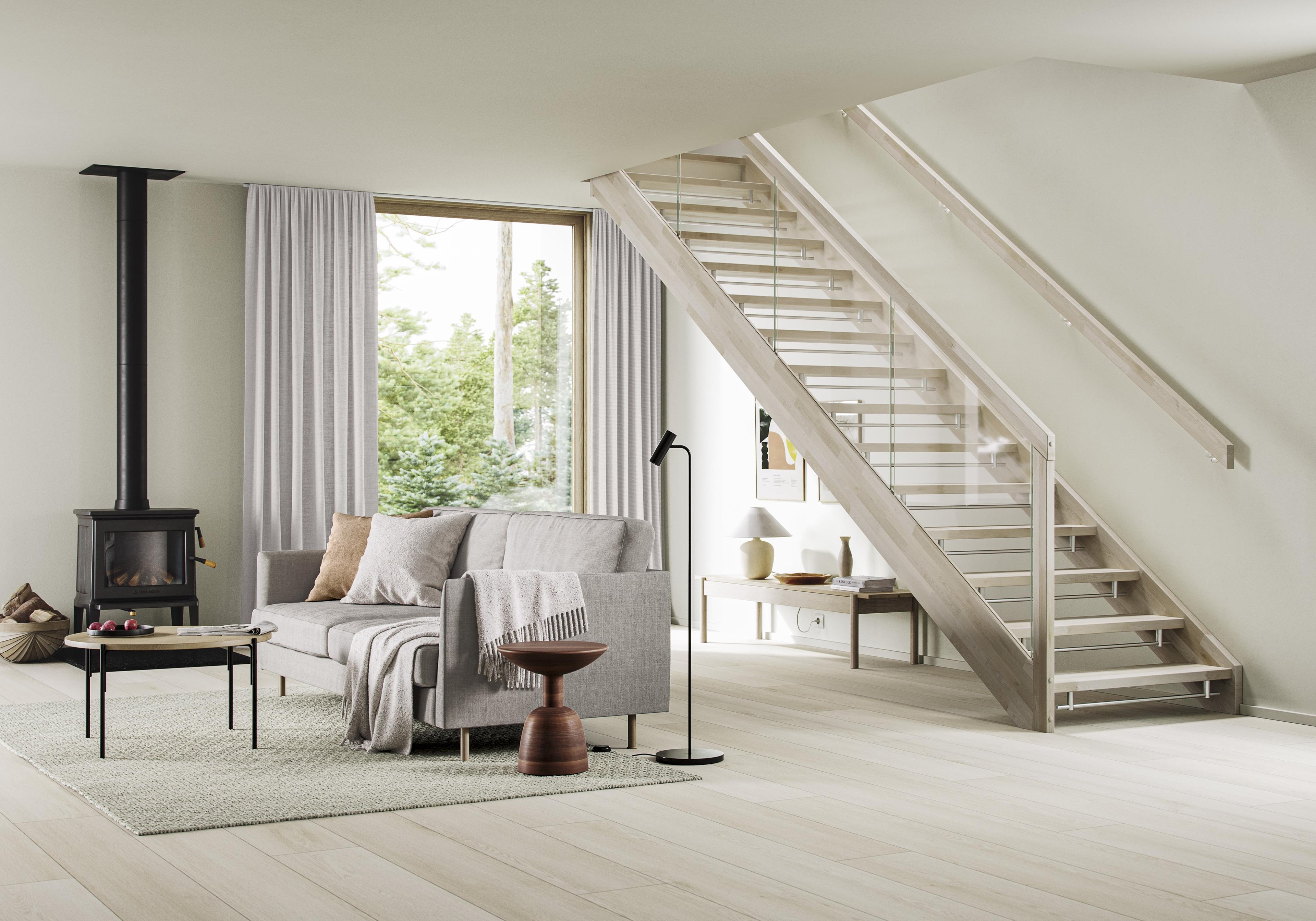 Stryntrappa Foss her vist i eik snøhvit, med slett frivange og barnesikringslist i stål