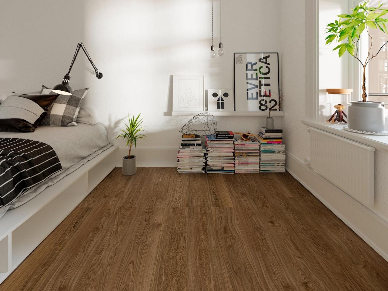 Korkgulvene er varme, slitesterke og med god lyddemping. Her ser vi modellen Wood Natural XL Epocoa Oak.