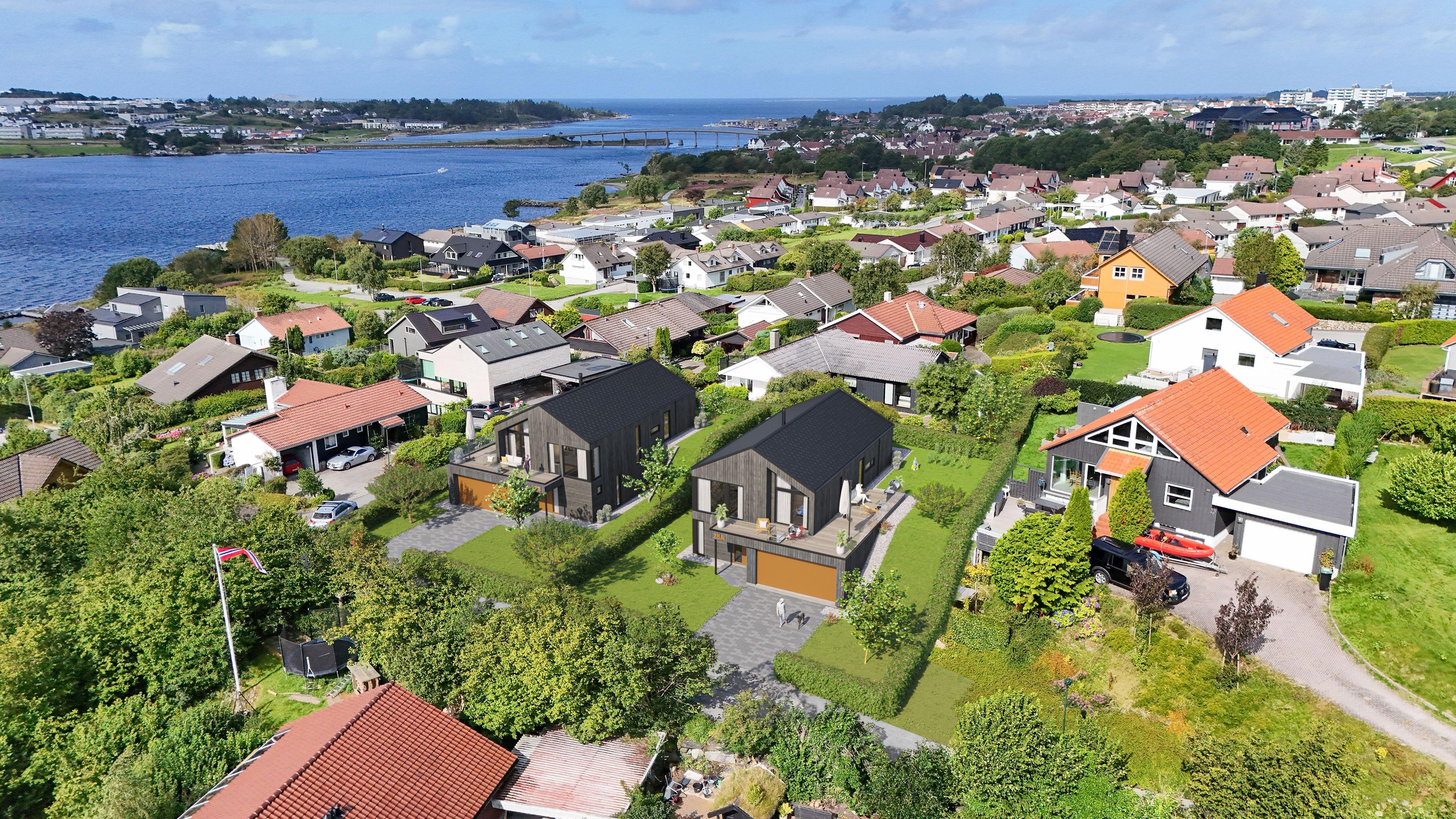 Bilde av to nye moderne prosjektboliger i etablert boligområde