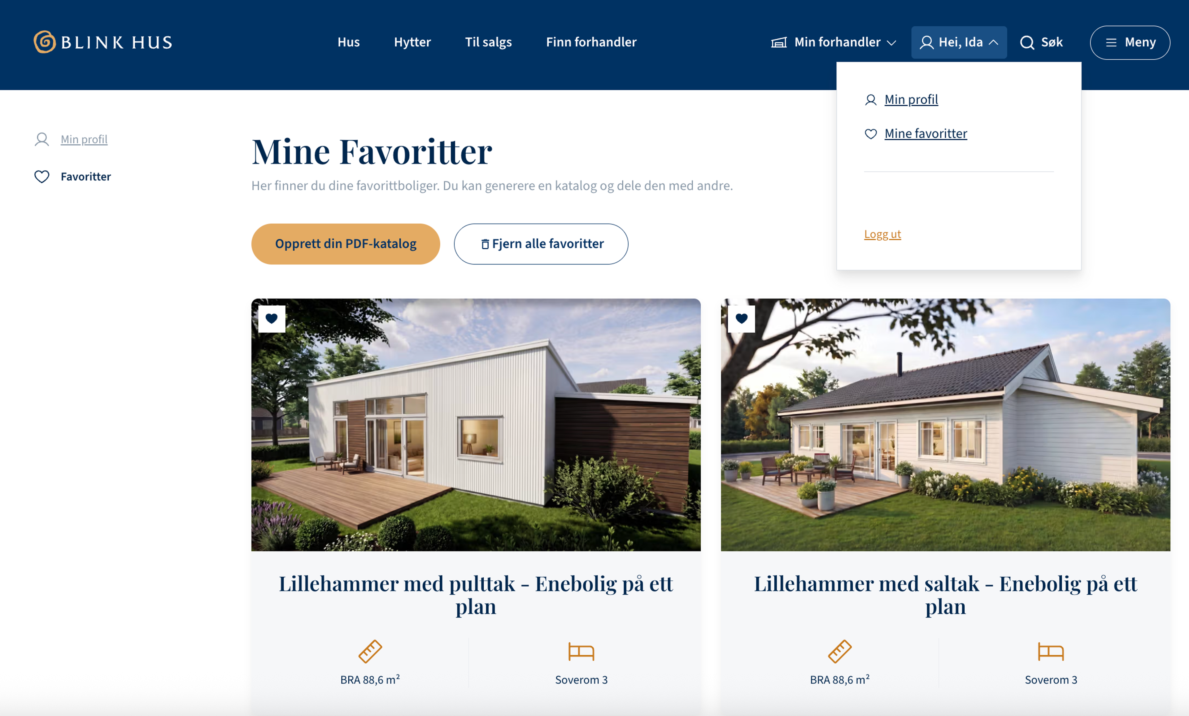 Merk husene du liker, klikk på «Hei, ditt navn», og gå videre til «Mine favoritter».