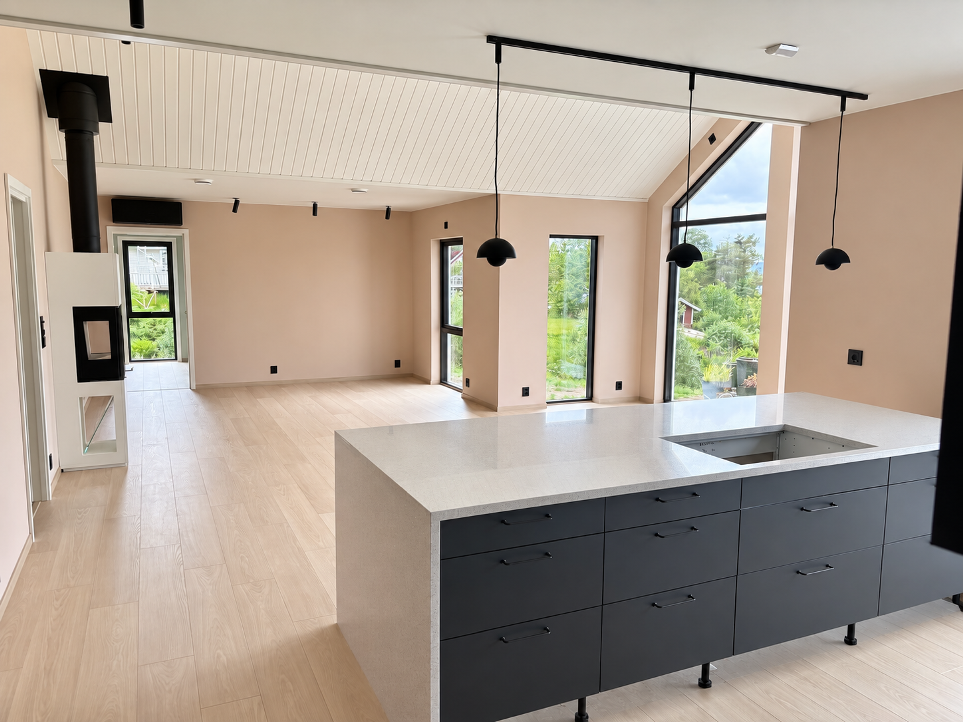 Moderne hus - åpen løsning kjøkken og stue