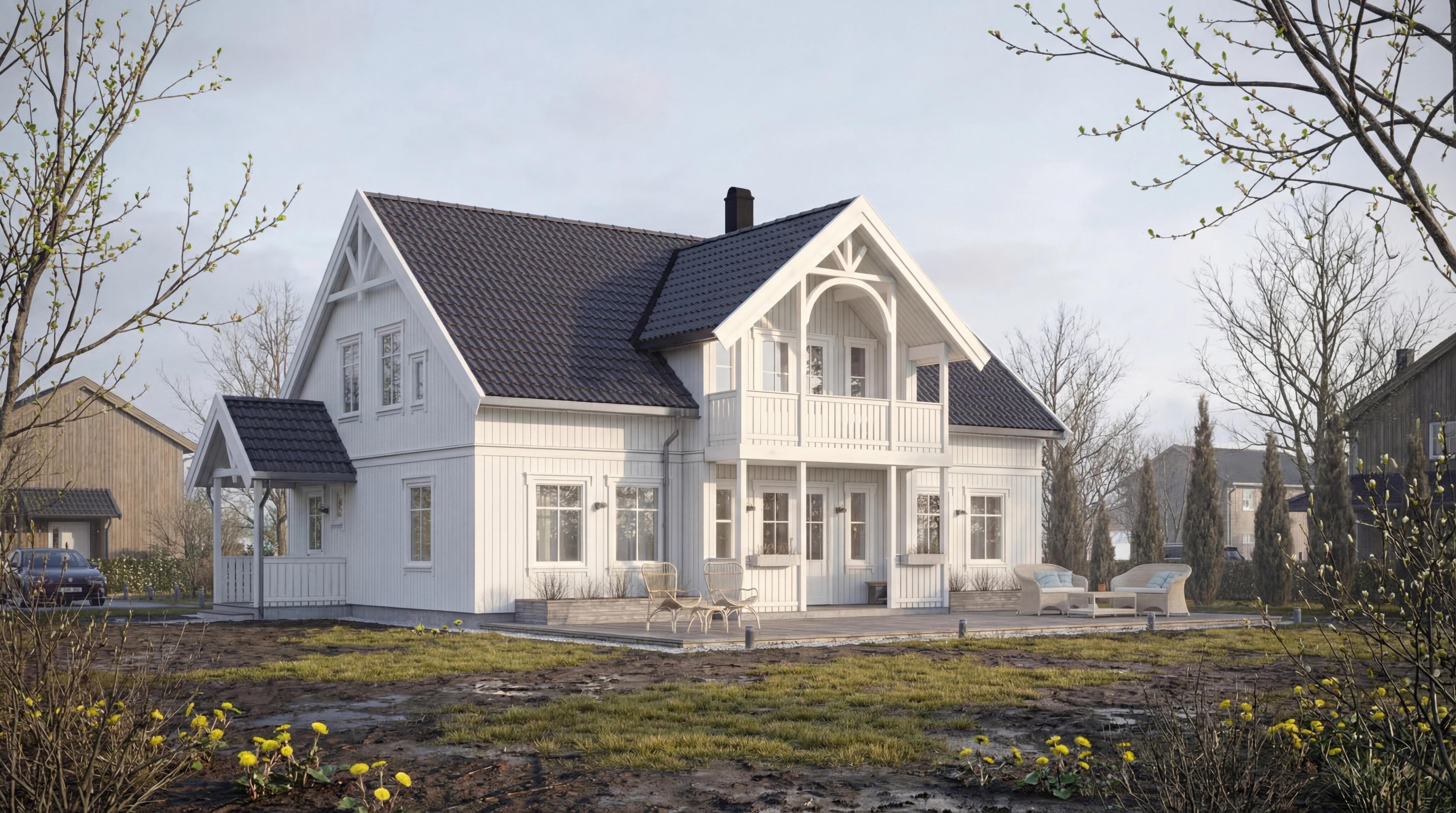 Tradisjonelt hvit hus i vårstemning