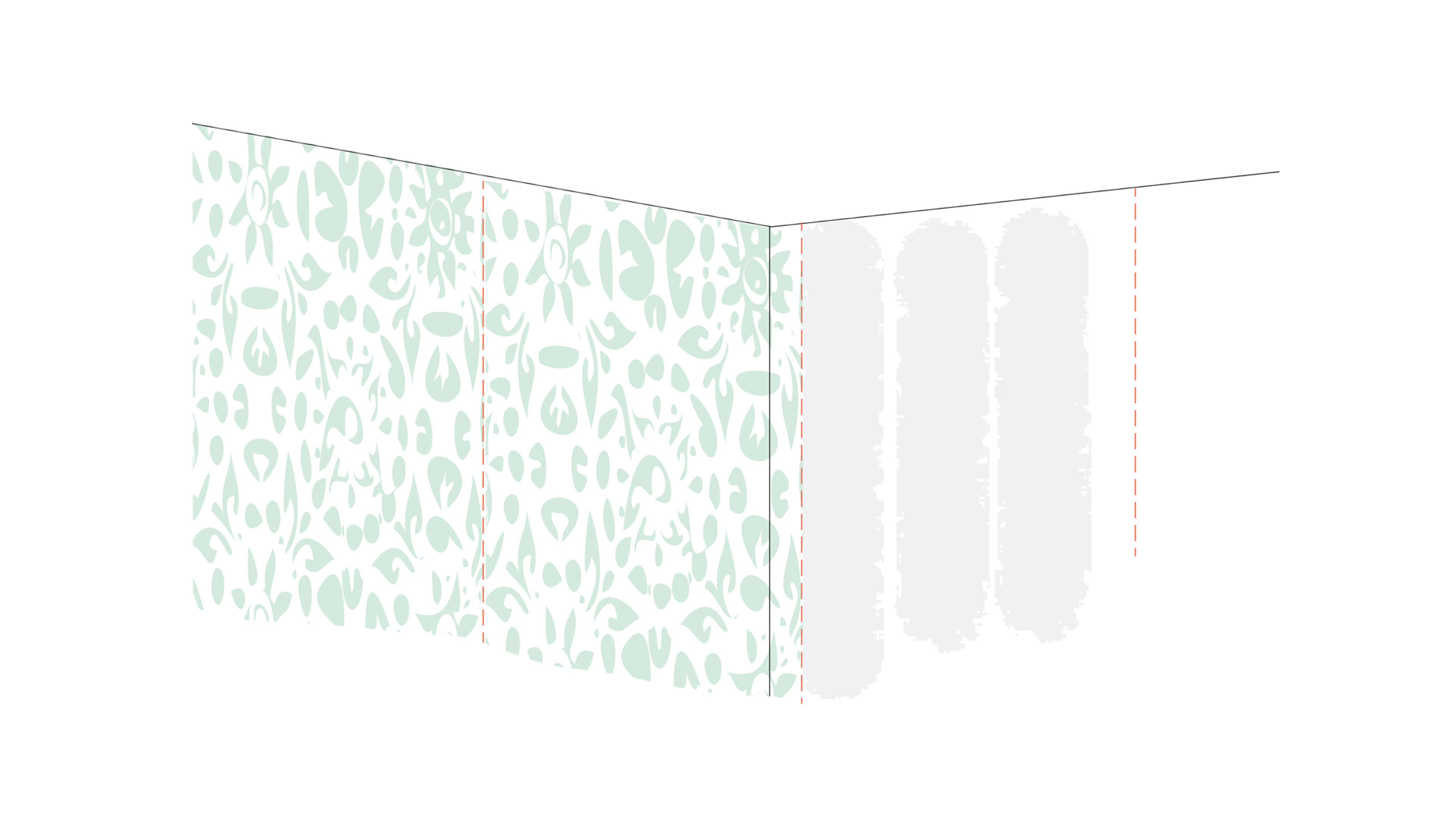 Illustration av ett rumshörn med ljusgrön blommig tapet och en vit vägg, markerade med röda streckade linjer