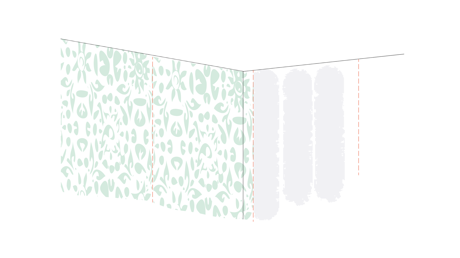 Illustration av ett rumshörn med ljusgrön blommig tapet och en vit vägg, markerade med röda streckade linjer