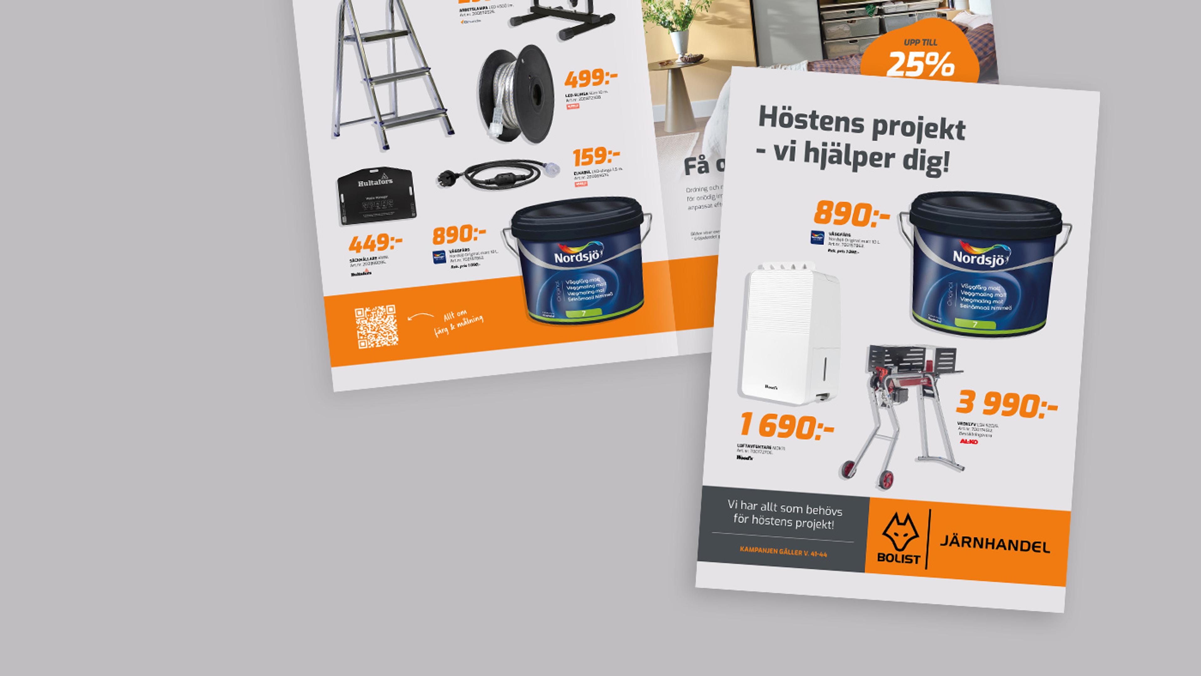 Två reklamblad från en järnaffär med byggvaror och priser