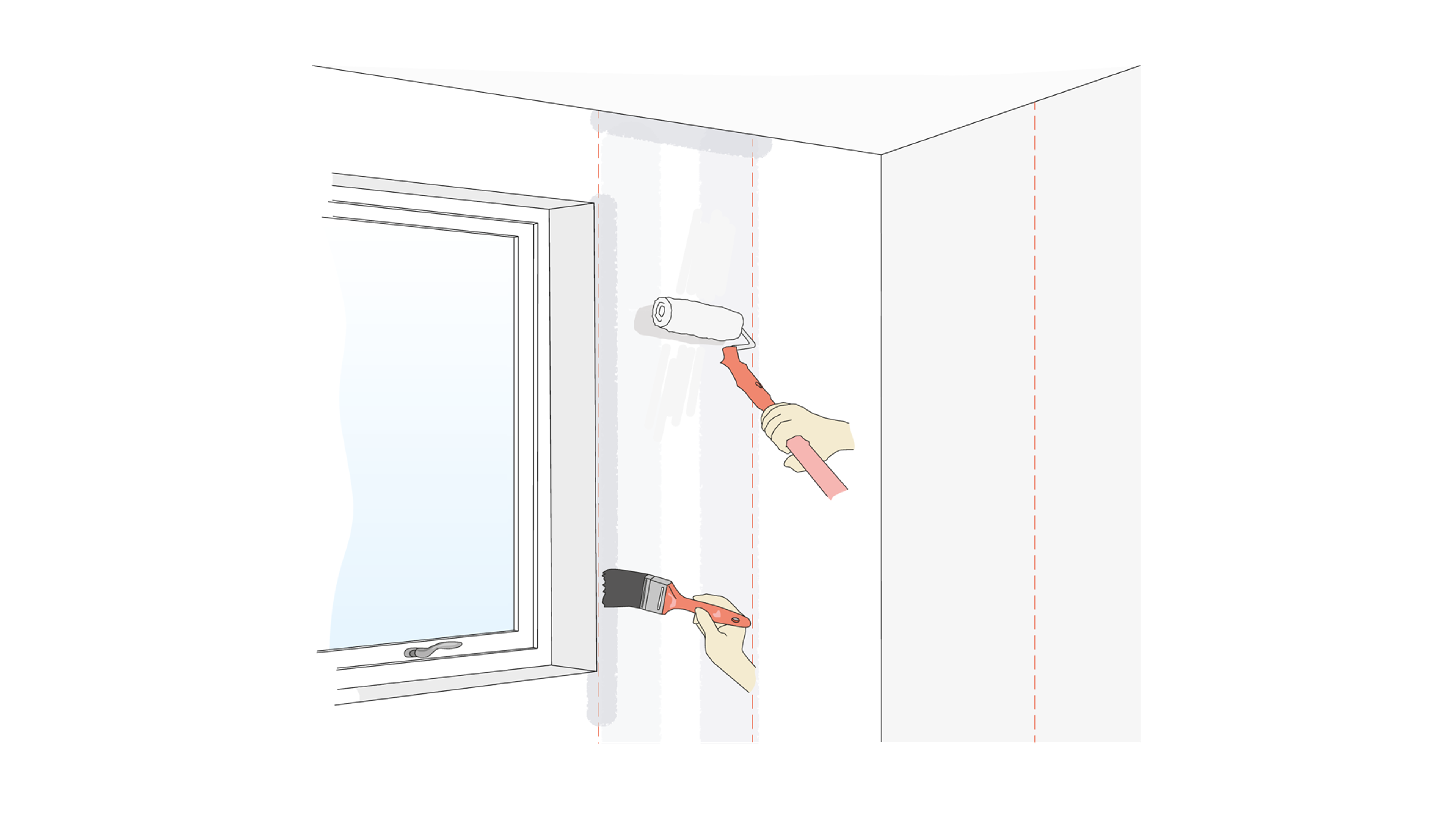 Illustration av händer som målar en vägg intill ett fönster med roller och pensel