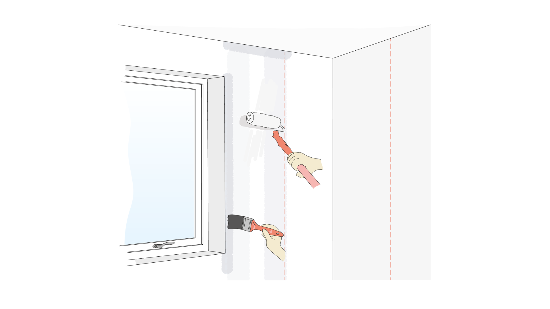 Illustration av händer som målar en vägg intill ett fönster med roller och pensel