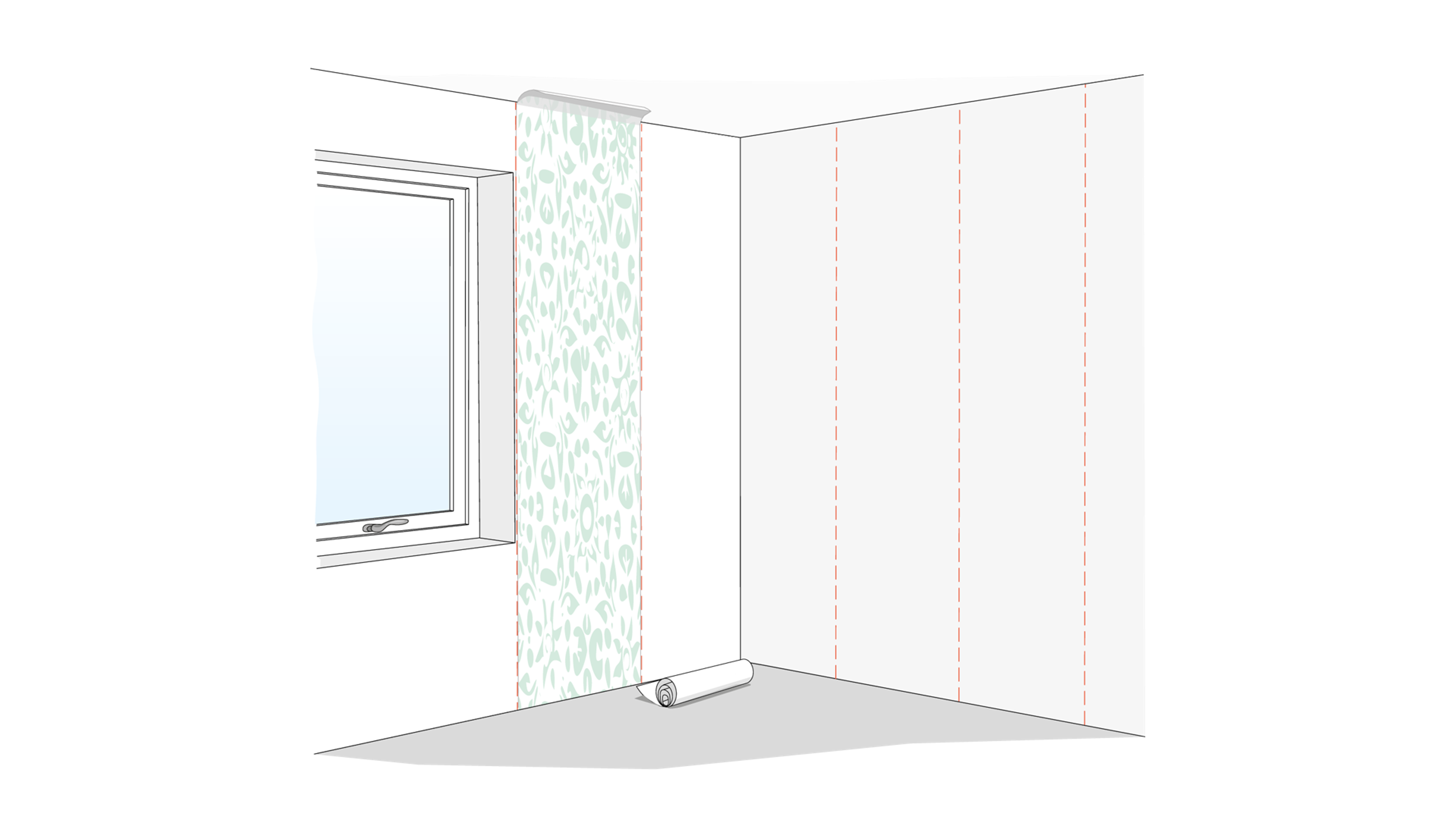 Illustration av tapetsering med en mönstrad bana delvis uppsatt intill ett fönster och lodräta hjälplinjer på väggen
