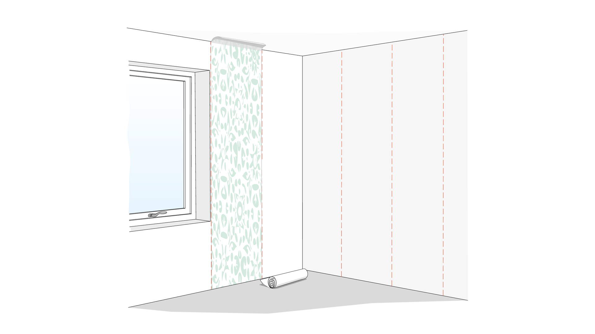 Illustration av tapetsering med en mönstrad bana delvis uppsatt intill ett fönster och lodräta hjälplinjer på väggen