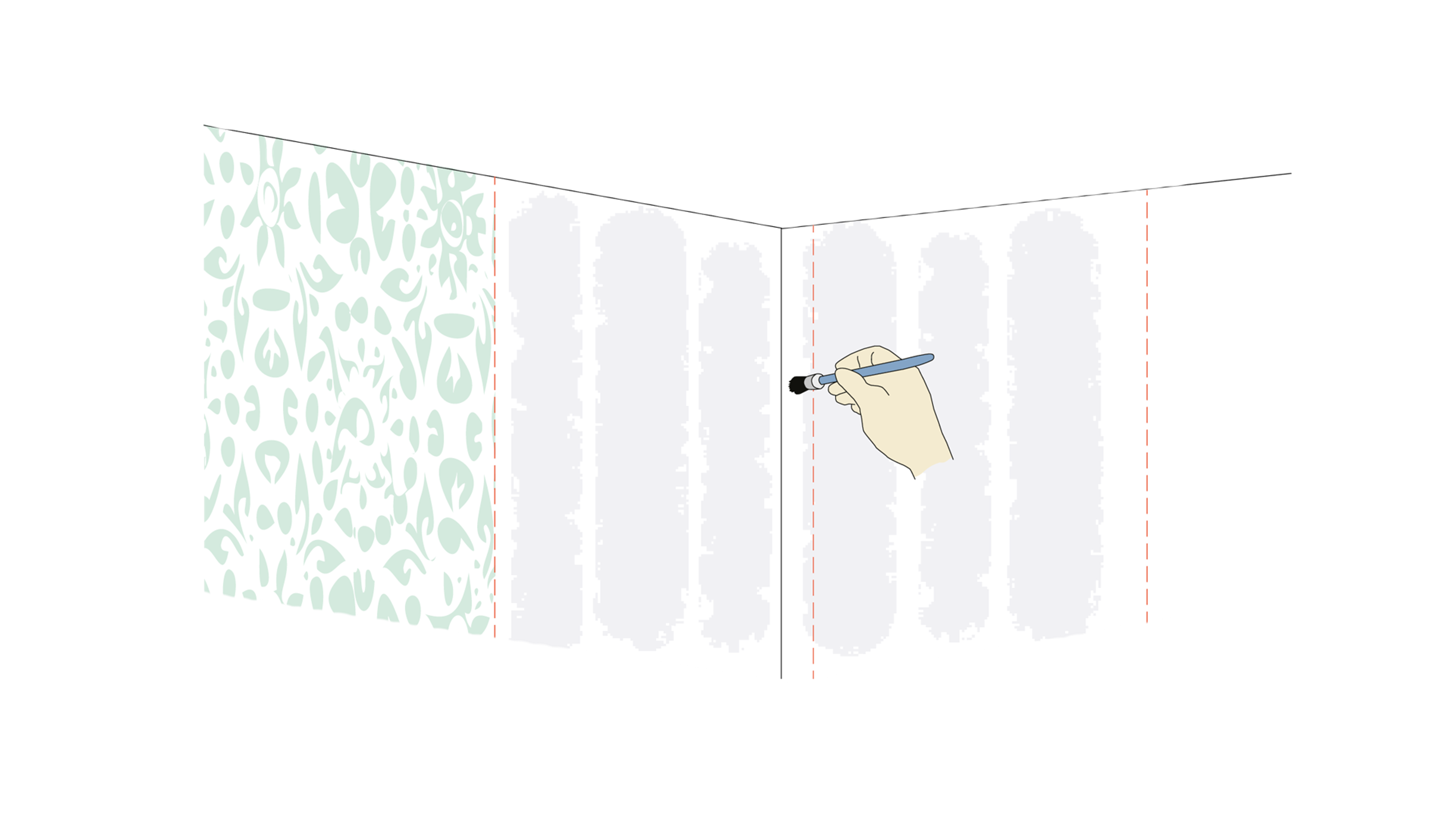 Illustration av en hand som penslar klister på en vägg för tapetsering, bredvid en bit mönstrad tapet