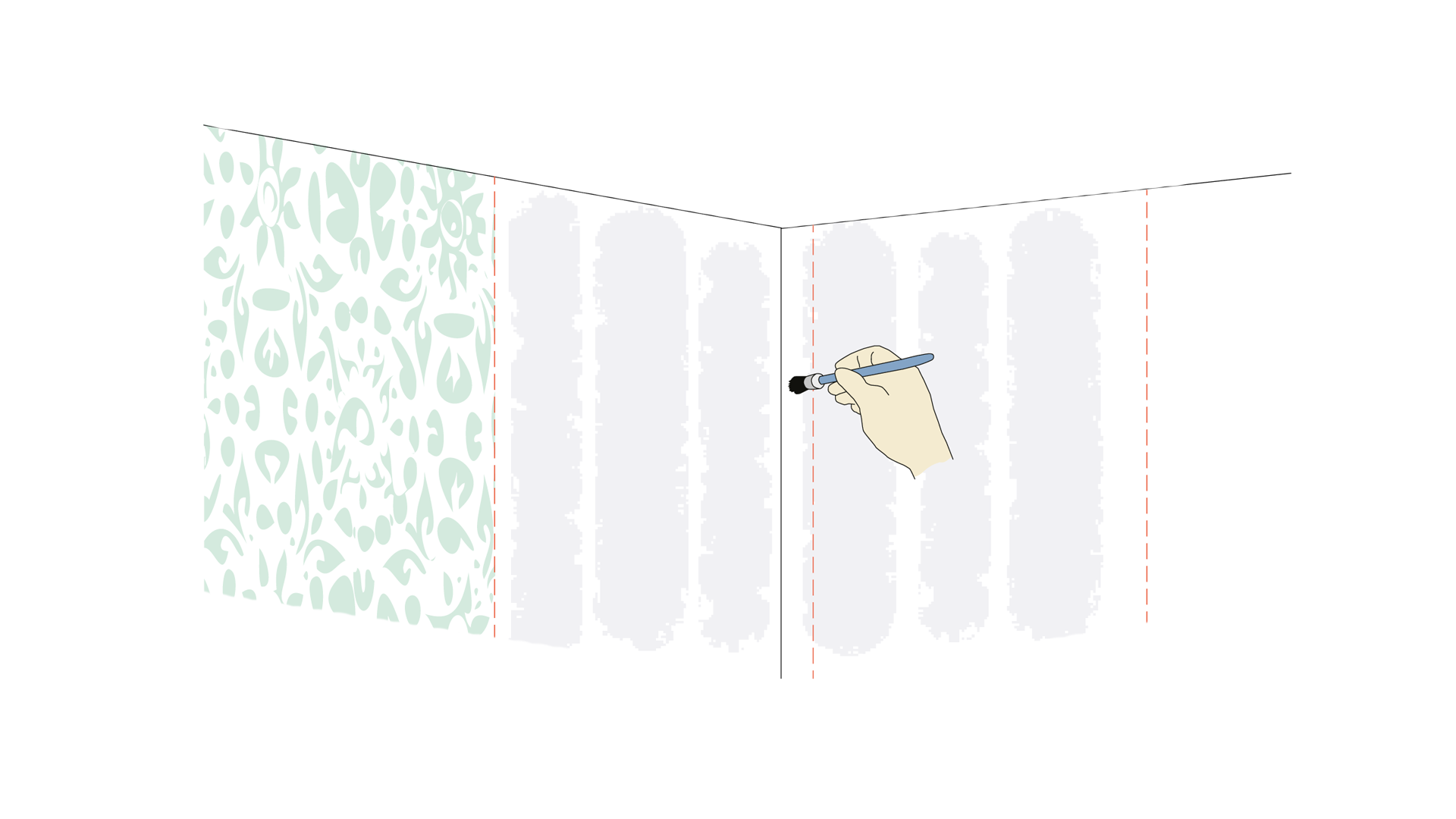 Illustration av en hand som penslar klister på en vägg för tapetsering, bredvid en bit mönstrad tapet