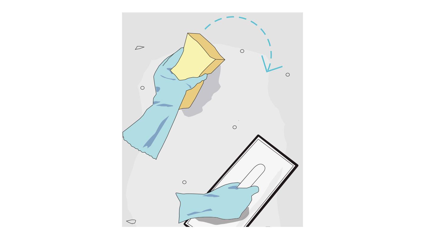 Two gloved hands, one holding a sponge and the other a plastering trowel, against a light grey background.