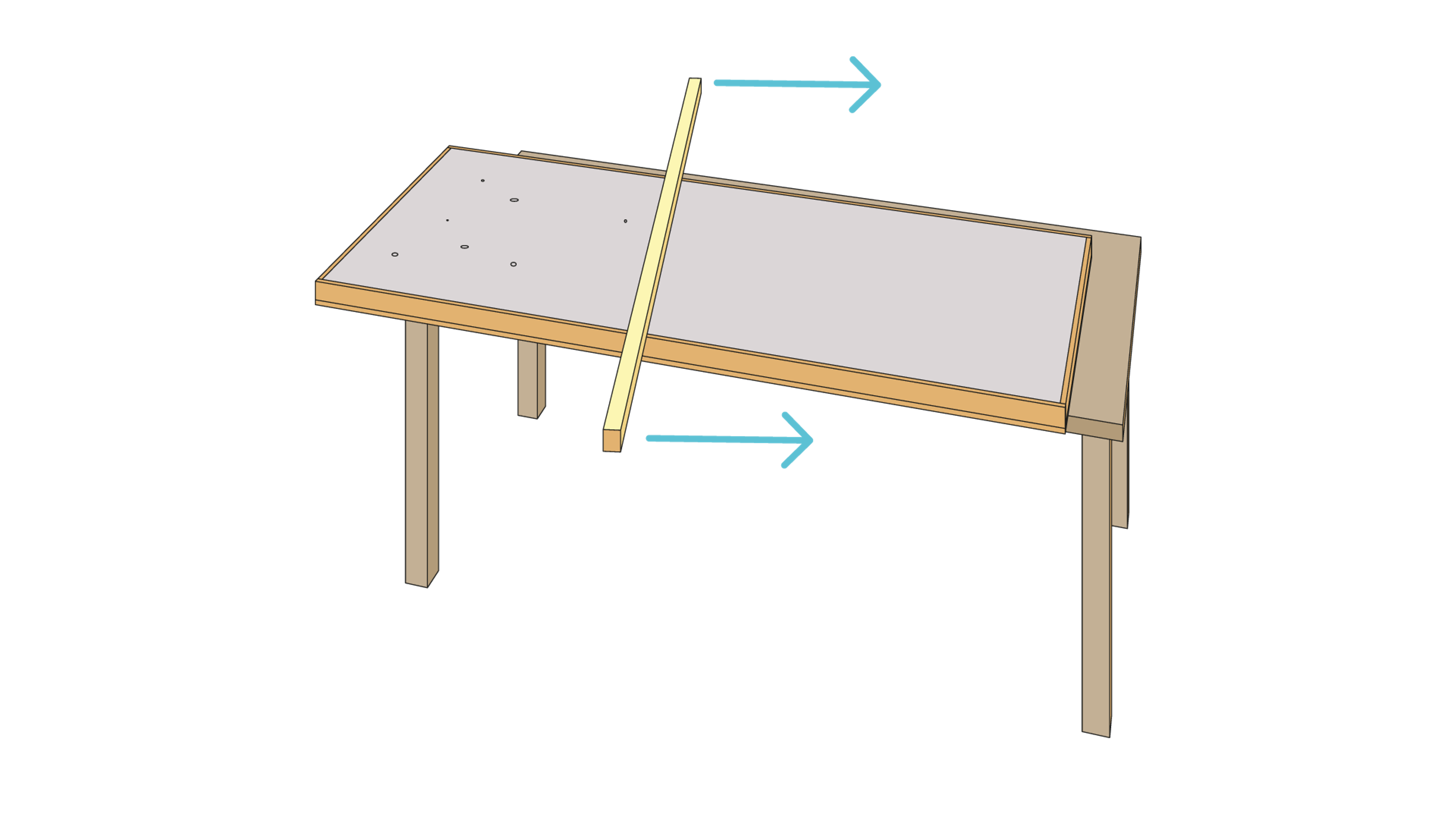 En rak träkant glider vågrätt över ett grått bord
