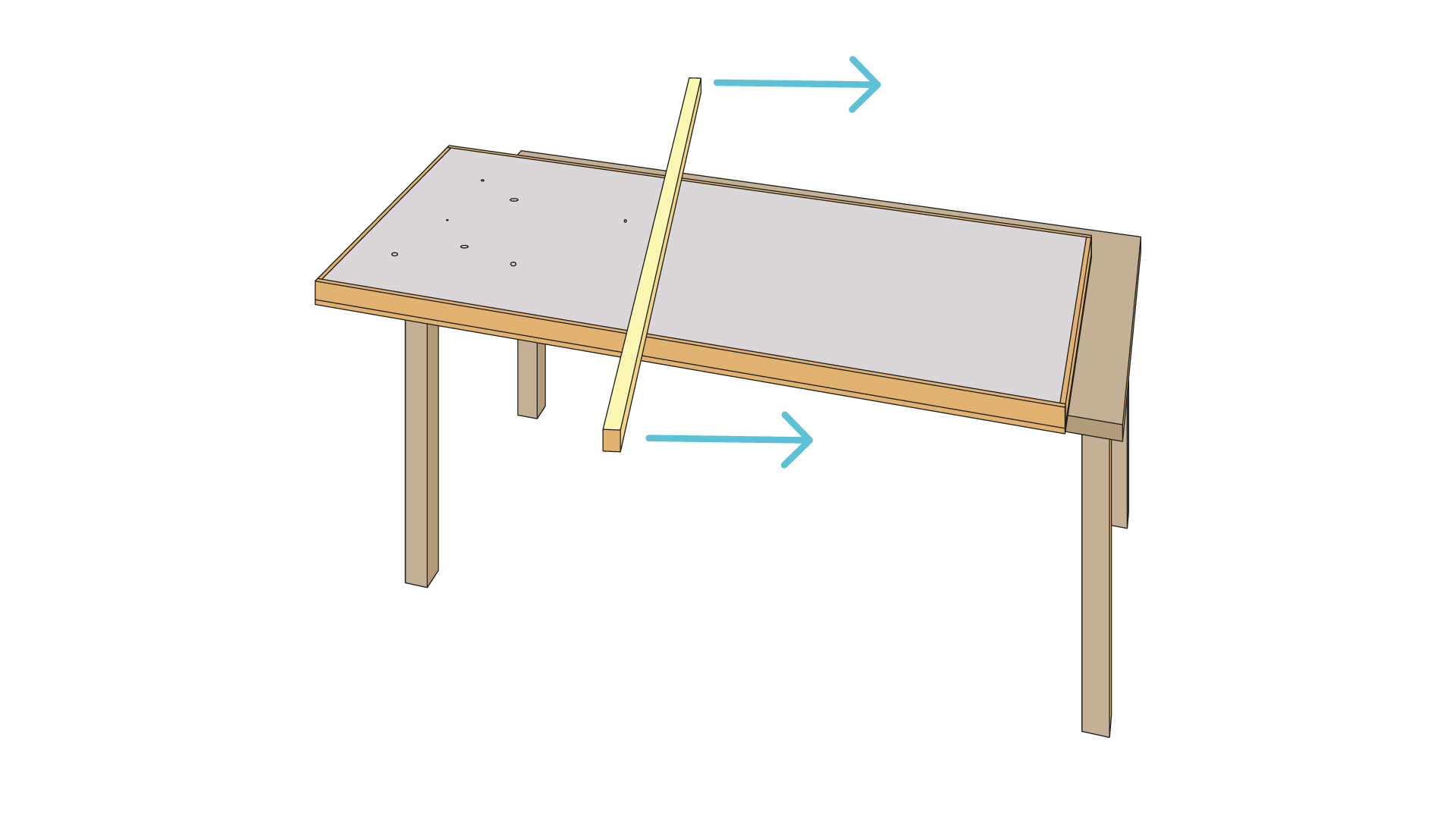 En rak träkant glider vågrätt över ett grått bord